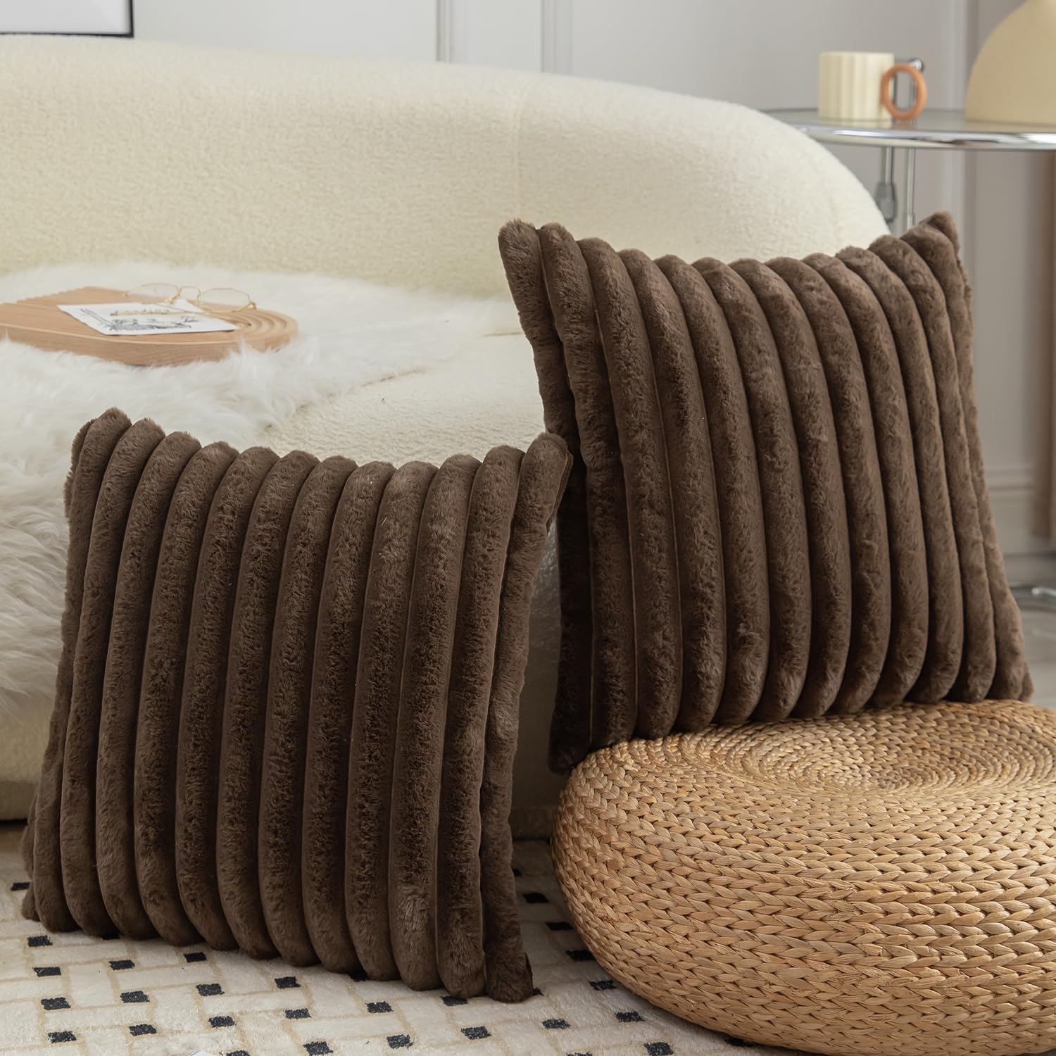 Mandioo Pack of 2 Decorative Cushion Covers 30cm x 50cm Faux Fur Striped Plush Soft Throw Pillow Covers Pillow Cases Bedroom Living Room Sofa Home 20x20 Inch Dark Brown - Image 4