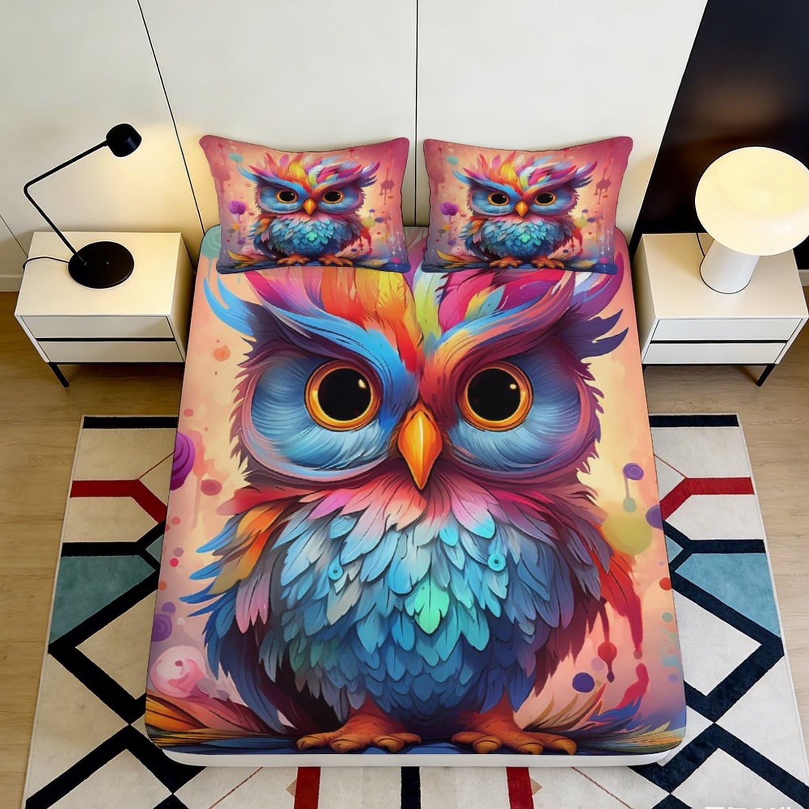 3D Printed Colorful Owl Fitted Sheet Microfiber Soft Breathable Vibrant Bird Bed Cover for Bedroom Dormitory Guest Room Mattress Protection Decor 120x200x25cm