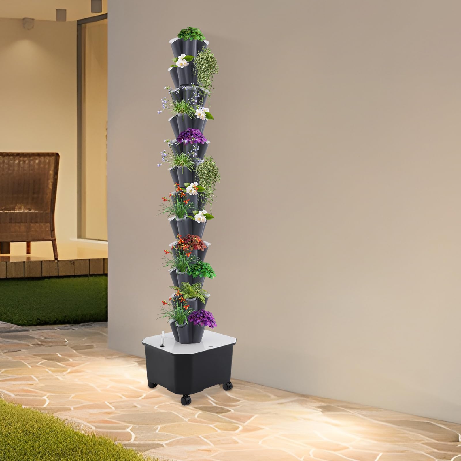 60 Löcher Hydroponic Tower, 12 Etagen Tower Growing System Kit, Hydroponisches Anbausystem mit Hydratationspumpe, Garten Hydroponischer Turm mit 25L Wassertank, Geeignet für Obst, Gemüse(Grau)