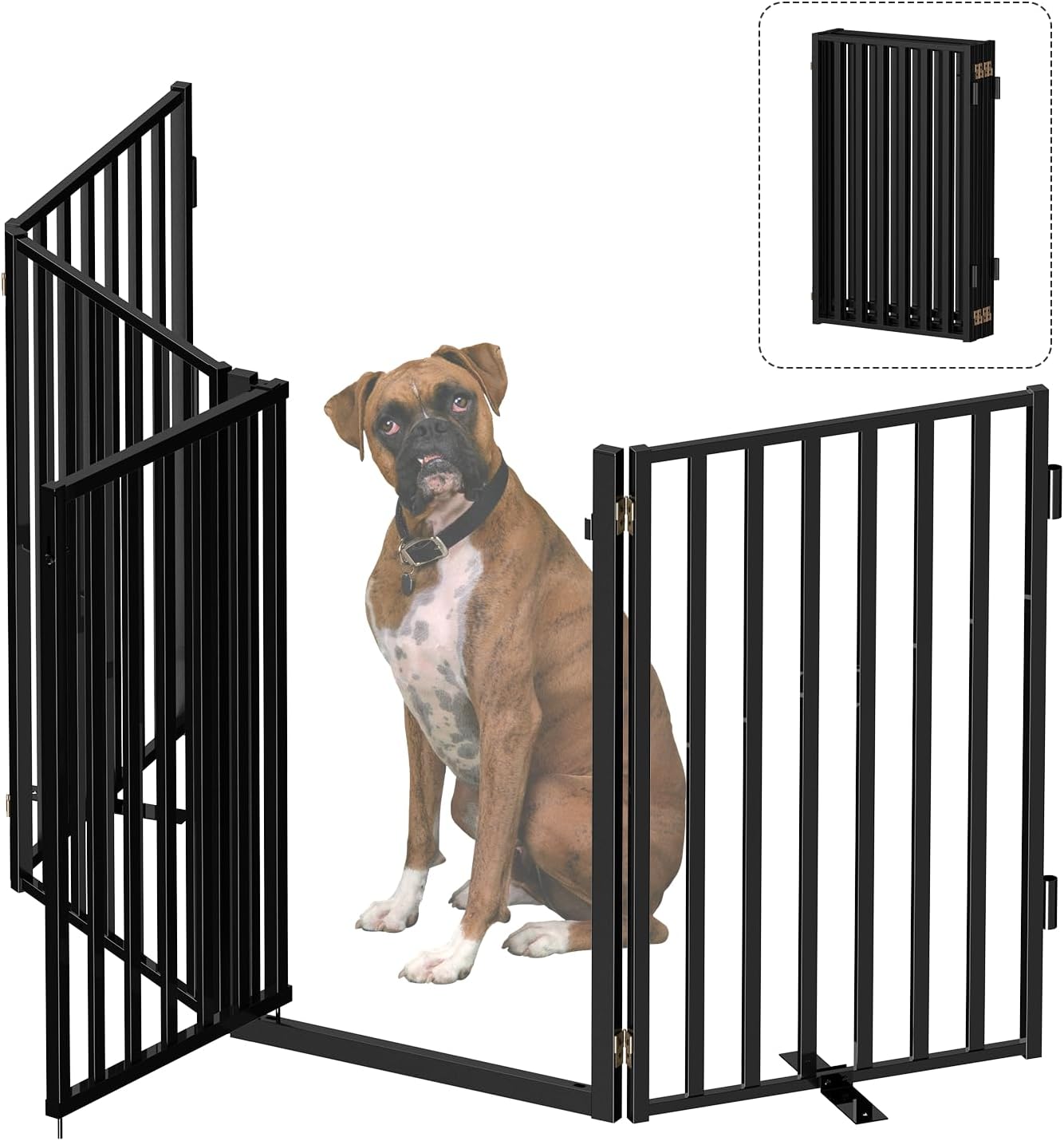 Free Standing Dog Gate with Door for Indoor Outdoor, Portable Dog Fence Foldable Design, Metal Black 32" Tall, Expandable 4 Panels Use for Front Door, Yard, Stairs 32" 4 Panels