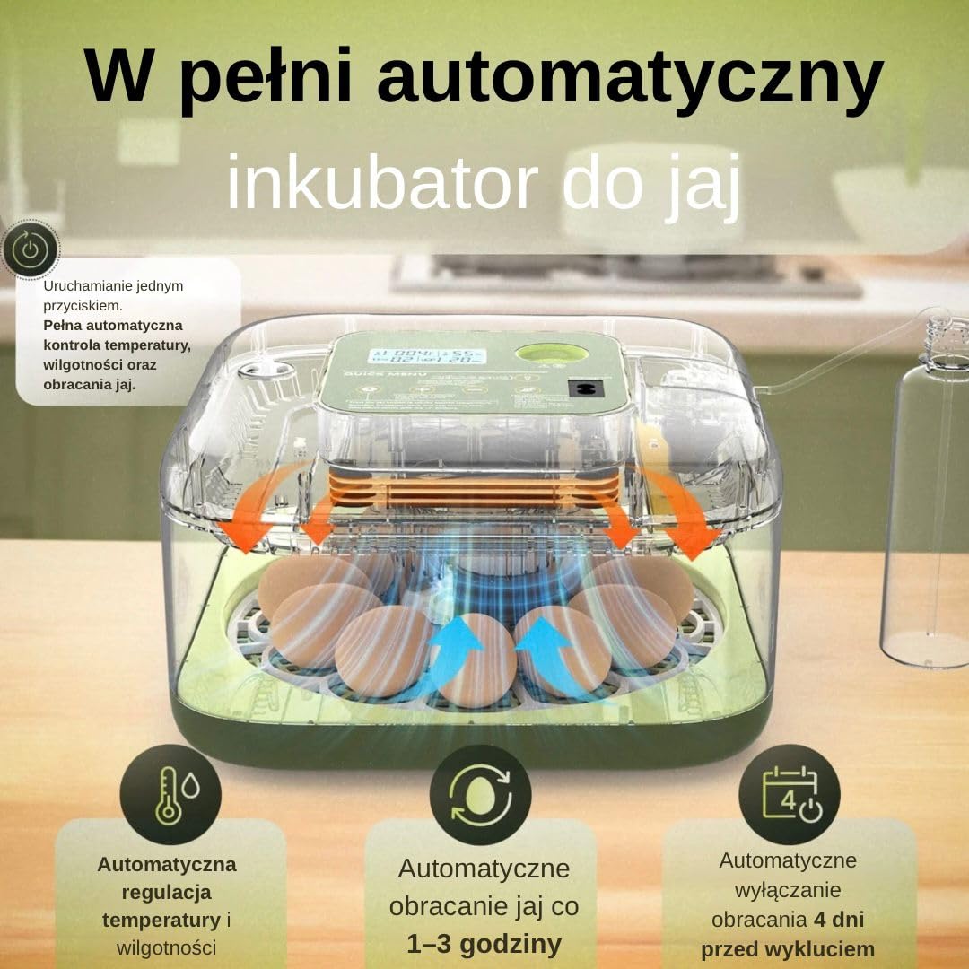 Egg&Co Start 12 – Automatyczny inkubator na 12 jaj kurzych (36 przepiórczych). Precyzyjna wilgotność, automatyczne obracanie, butelka i ovoskop w zestawie. Dla początkujących i zaawansowanych. | Osiągnij sukces od 1. inkubacji • W zestawie przewodnik Egg&
