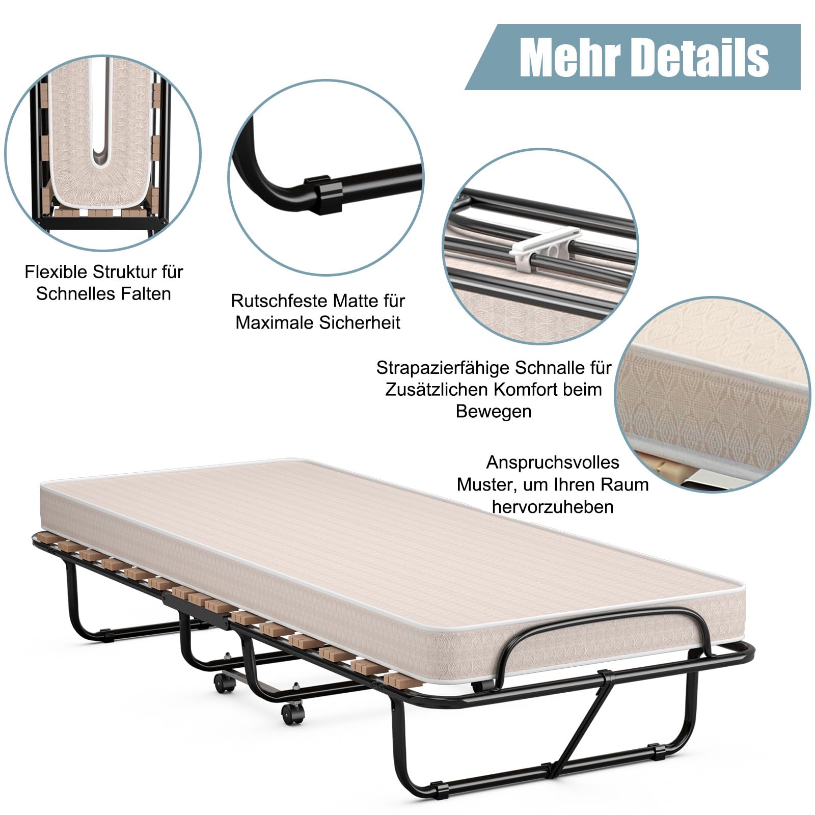 COSTWAY 80x190cm Gästebett mit Matratze aus Rückstellschaum, Klappbares Einzelbett, Stabiler Metallbett bis 130kg belastbar, Klappbett auf Rädern, Faltbett Gästezimmer, Tragbares Bett, Beige
