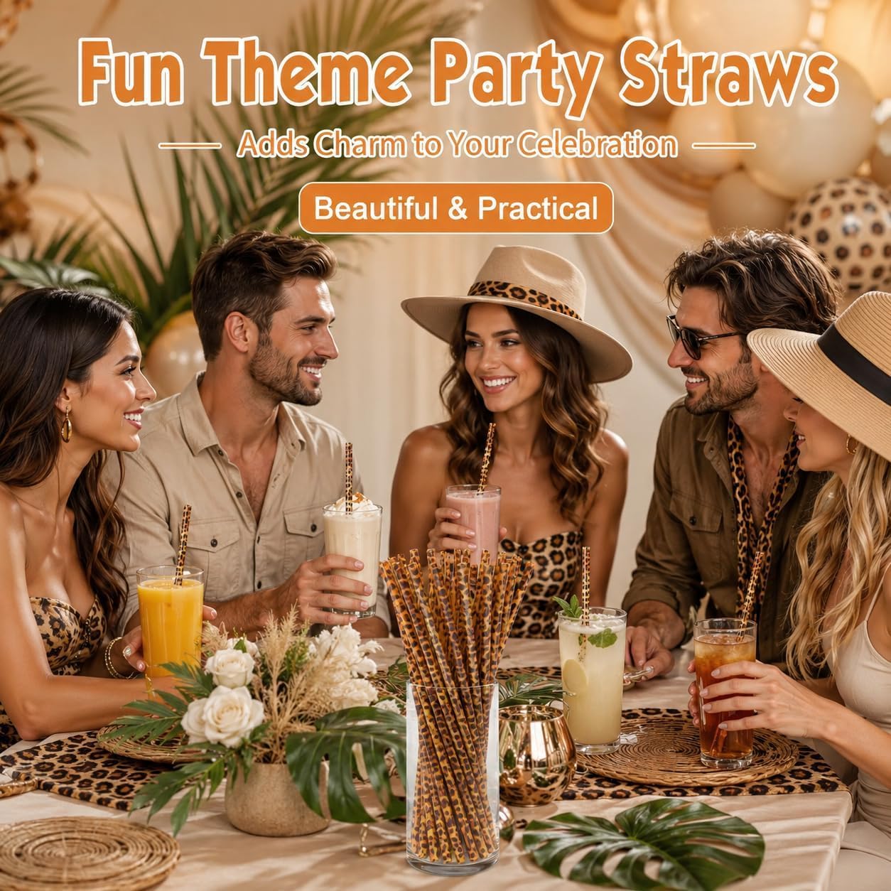 50 Pcs Reusable Leopard Print Plastic Drinking Straws with Cleaning Brush