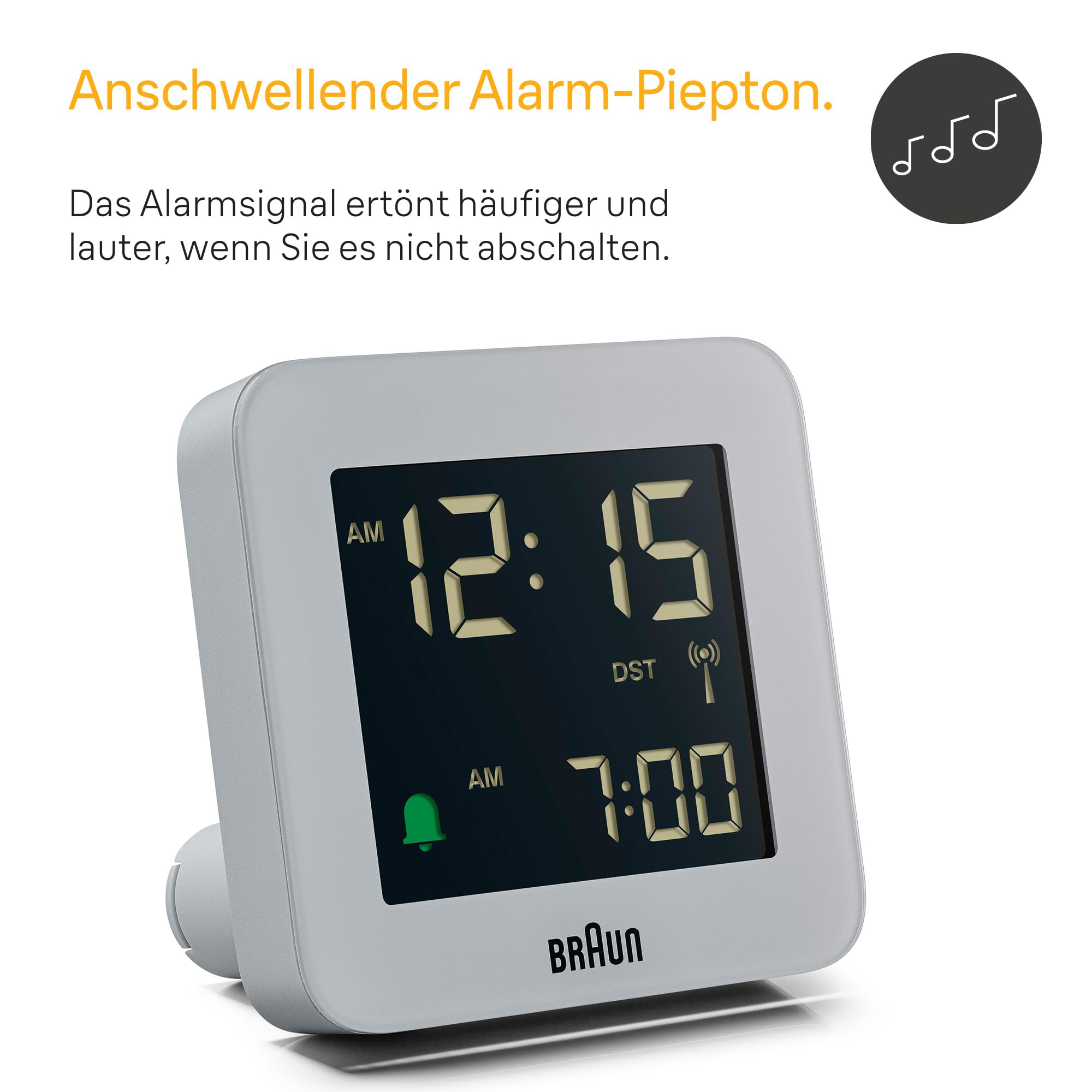 Braun Digitaler Funkwecker für die mitteleuropäische Zeitzone (DCF) mit Schlummerfunktion, LCD-Display, Schnelleinstellung und anschwellendem Alarm-Piepton in Grau, Modell BC09G-DCF.