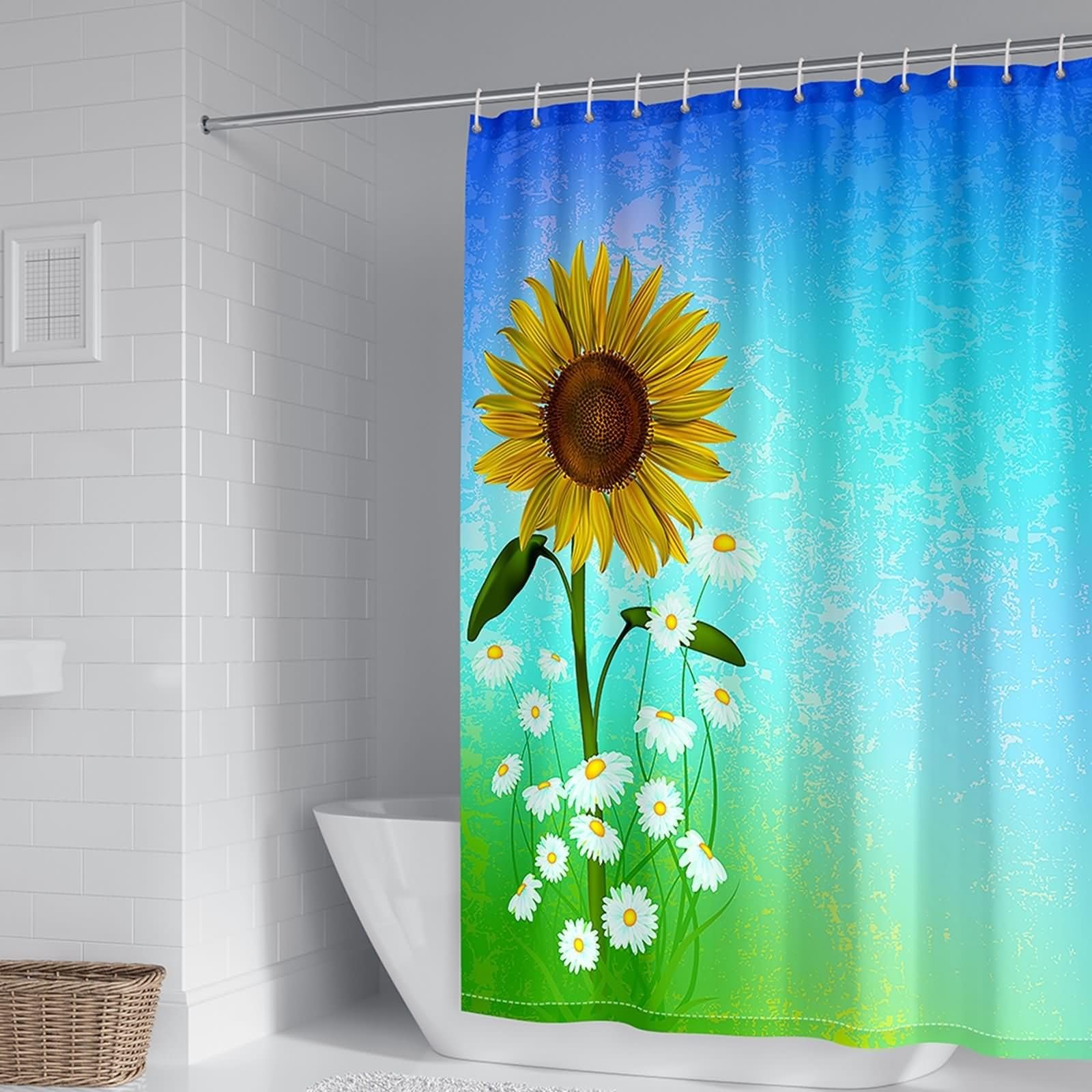Duschvorhang 180X200, Duschvorhang Textil Waschbar Blau Gelb Grün Sonnenblumen und Gänseblümchenmuster Stilvoller Duschvorhang