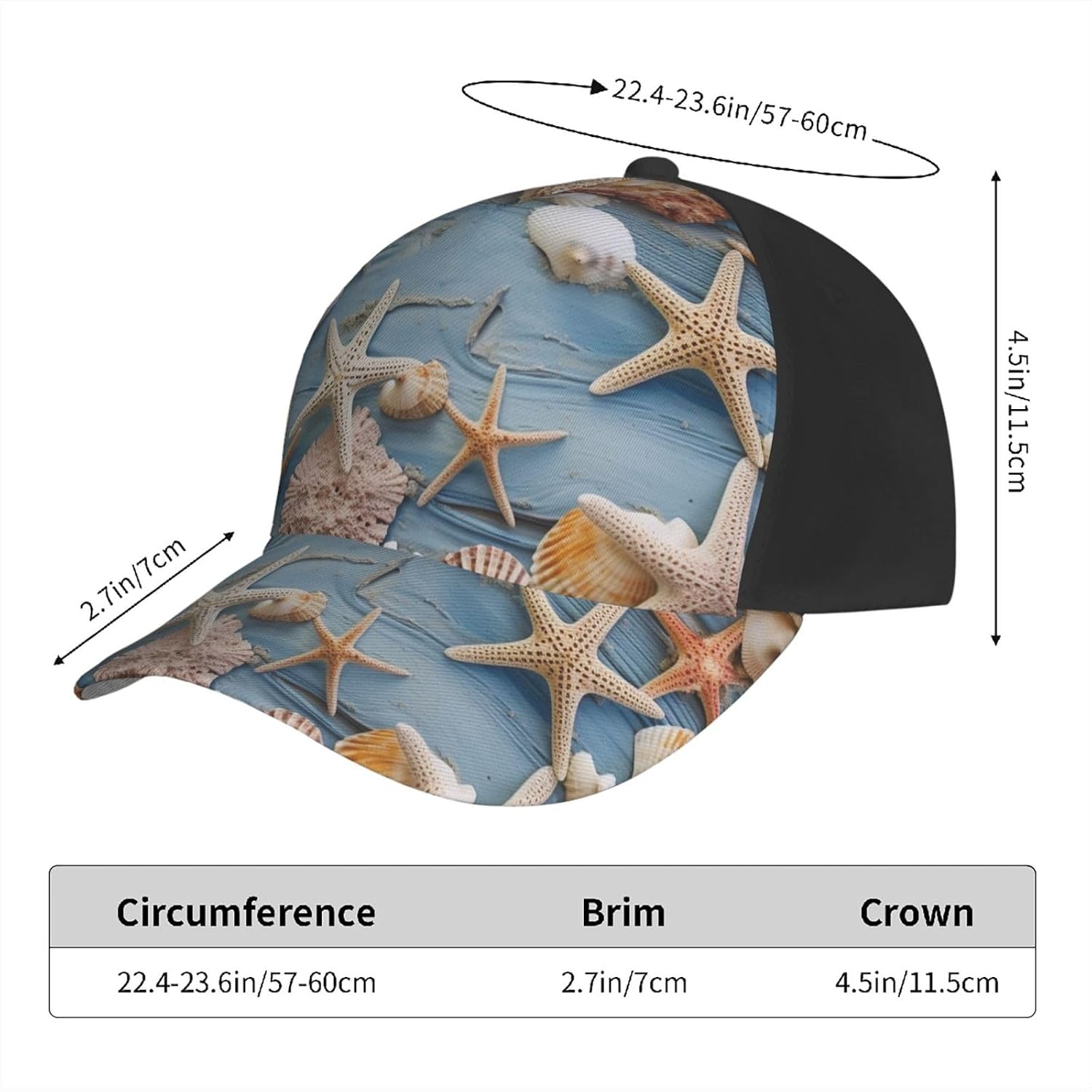 Shell Starfish Pattern Baseball Caps for Women Men Golf Dad Hat Adjustable Sun Hat Fashion Sports Caps Black