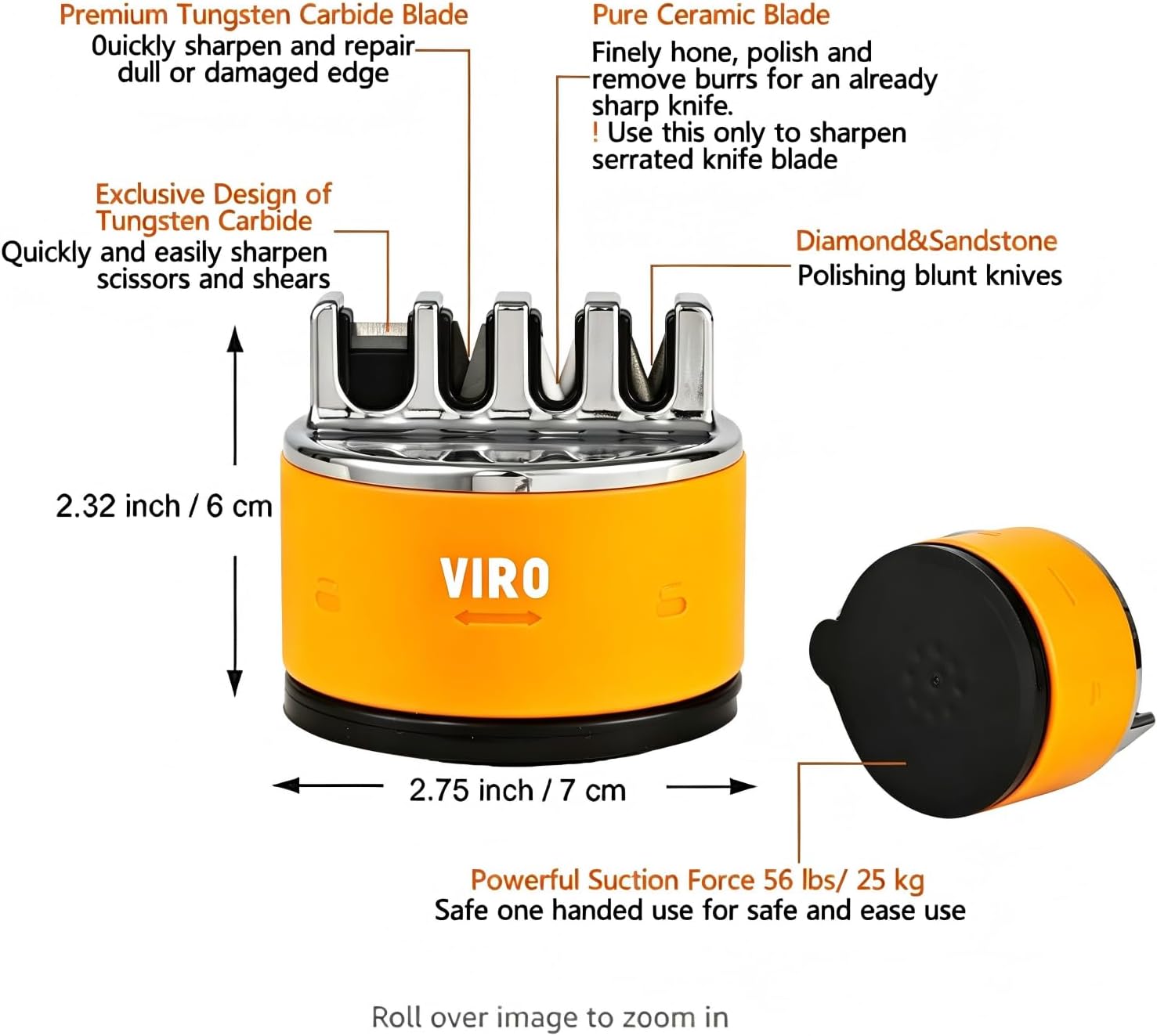 VIRO Compact Suction Kitchen Chef Knife Scissors Sharpener for Straight & Serrated Knives, 4-Stage Knife Sharpening Tool Helps Repair and Restore Blades, Bright Orange