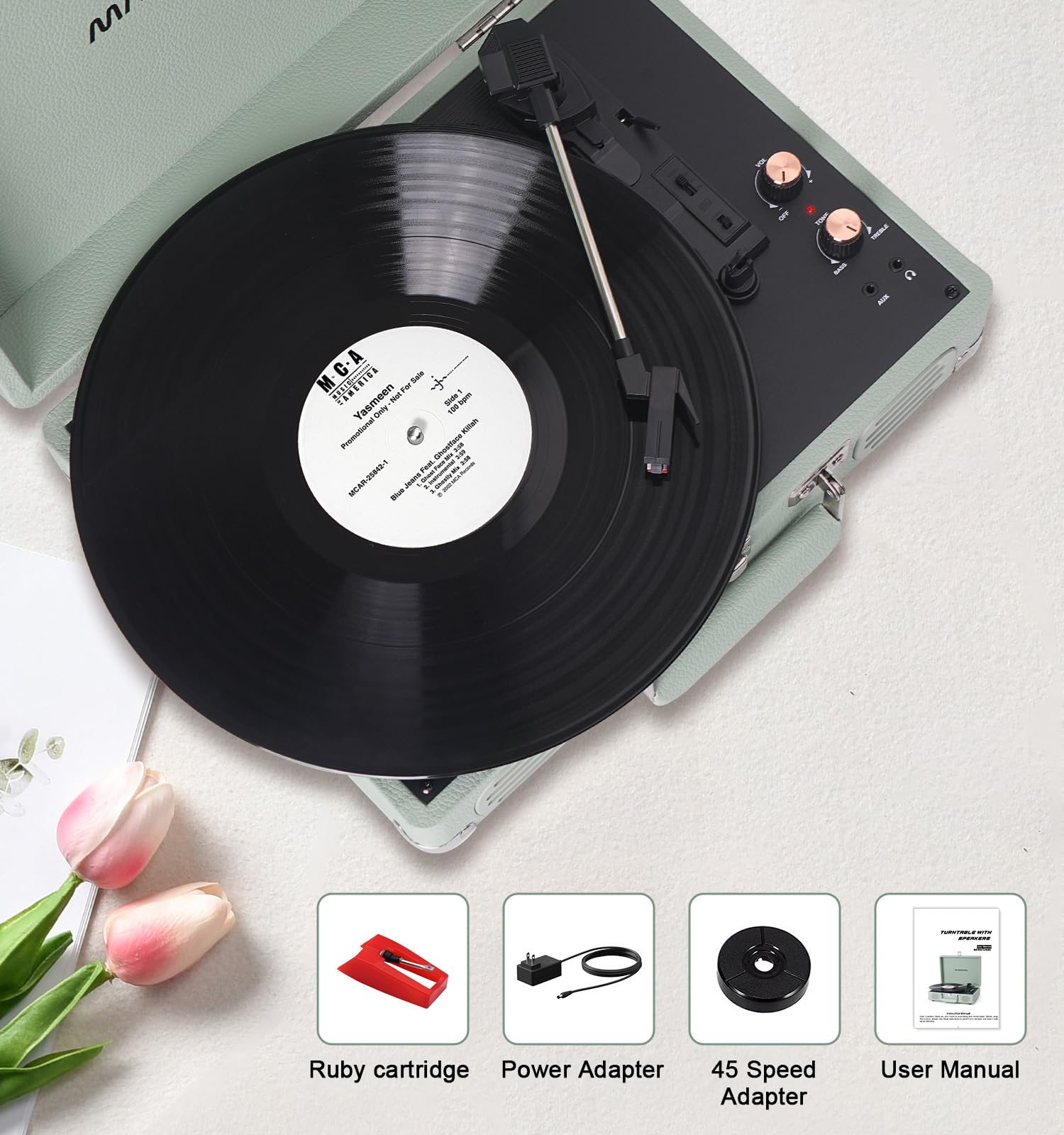 Plattenspieler, 3 Geschwindigkeiten, Bluetooth, tragbarer Koffer, Vinyl-Phonograph mit integriertem Bass und Lautsprechern, LP-Player mit Riemenantrieb, unterstützt AUX-Eingang