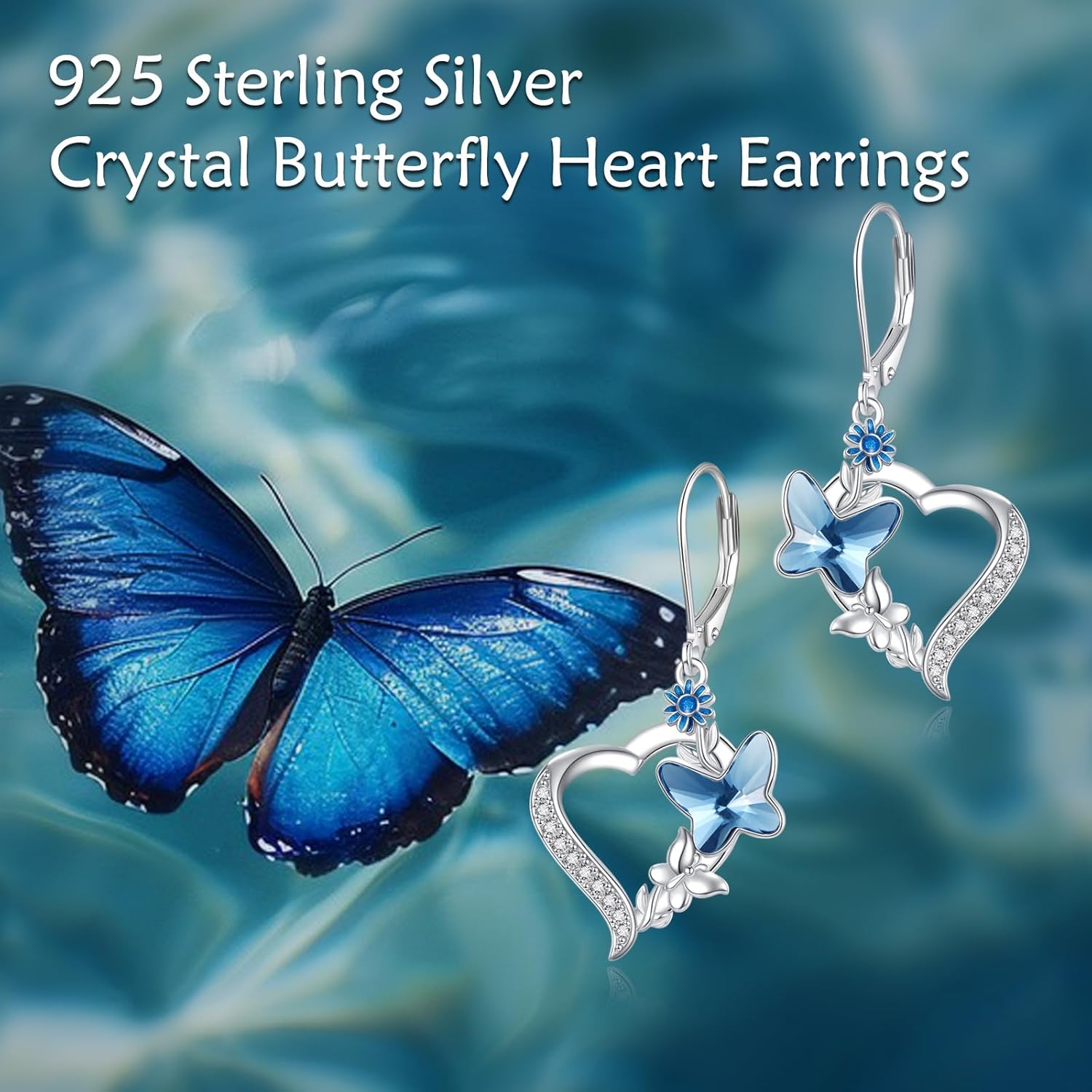Butterfly Earrings for Women Sterling Silver Blue Butterfly Heart Crystal Dangle Jewelry Gifts for Women - Image 3