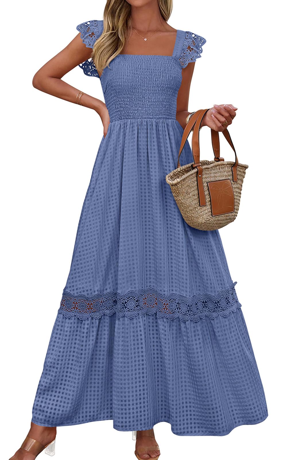 PRETTYGARDEN Women's Smocked Summer Maxi Dresses 2025 Ruffle Cap Sleeve Square Neck Lace Detail Flowy Sundress with Pockets