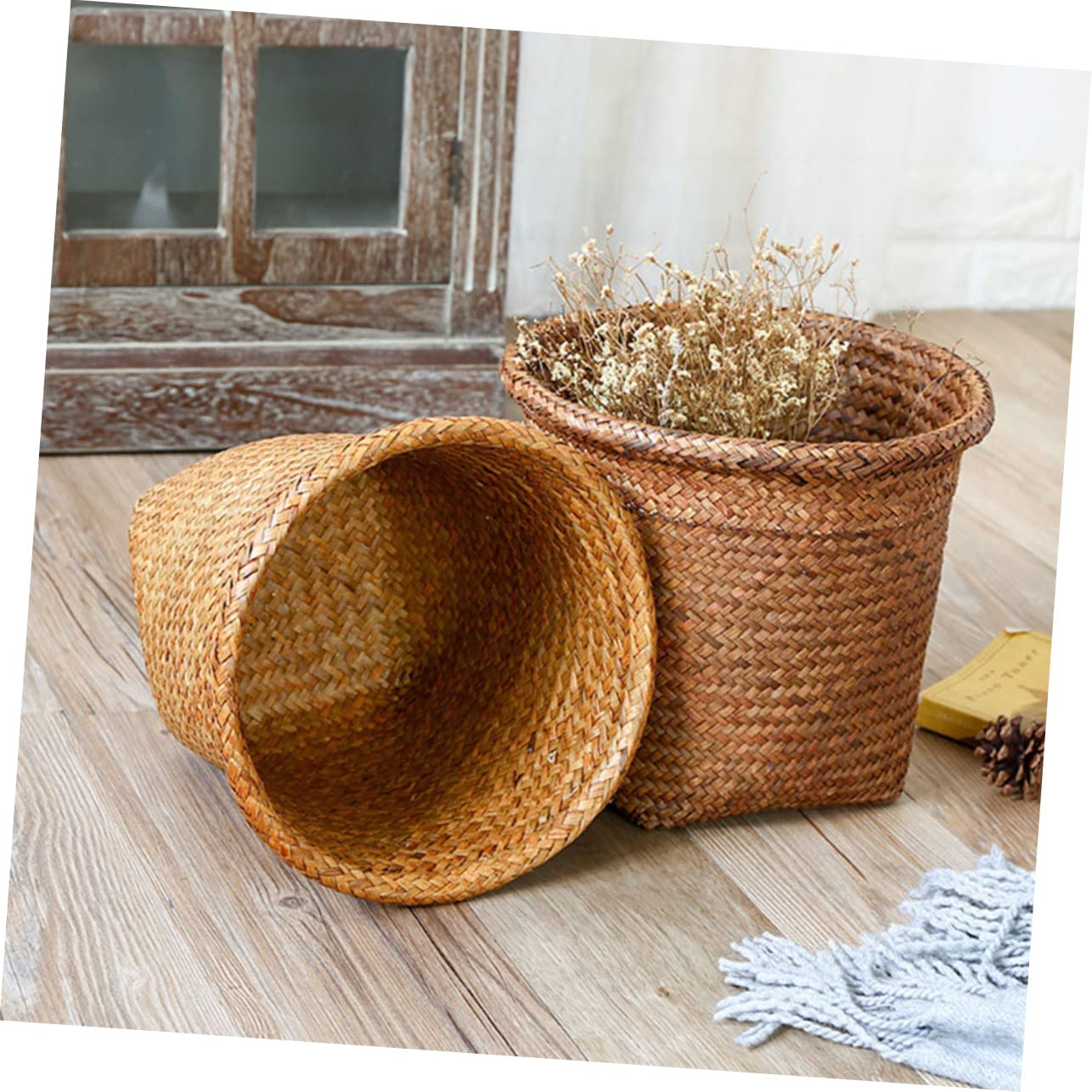 Milisten 2Pcs Woven Trash Cans Lightweight Rattan Wastebaskets for Bathroom Toy Storage and Laundry Organizer Home Office Use