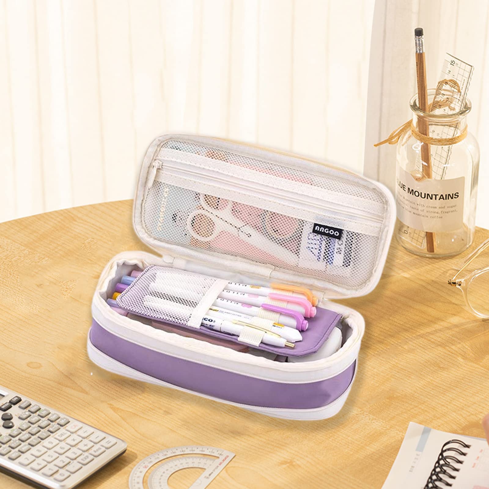 WAFJAMF Large Capacity Pencil Box with Zipper Large Capacity Storage Bag Pen Pouch Case for Office Travel - Purple - Image 3
