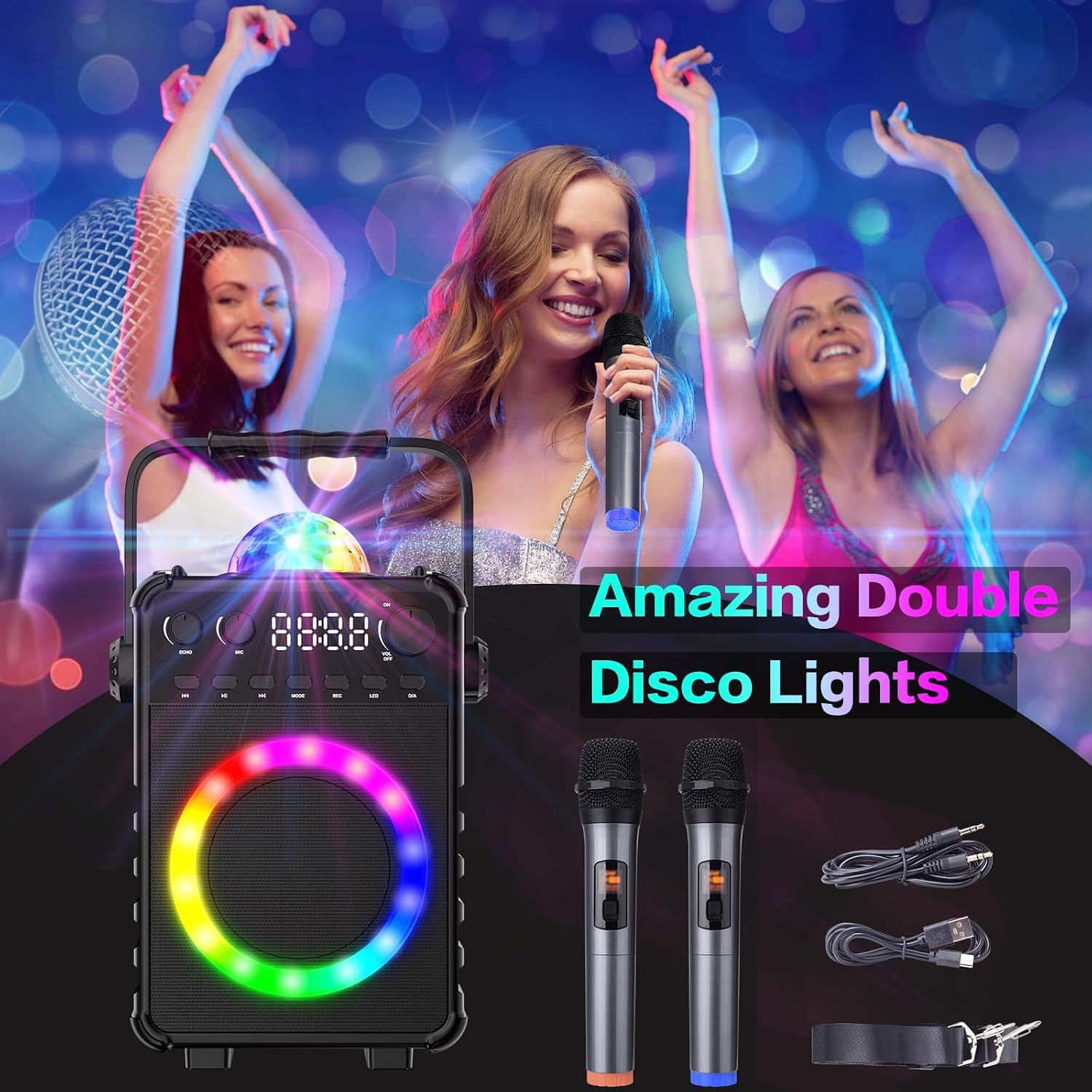 VerkTop Karaoke Machine, Bluetooth Karaoke Speaker with 2 Wireless Microphones for Kids Adults, Portable PA System with Disco LED Lights for Christmas Birthday Party