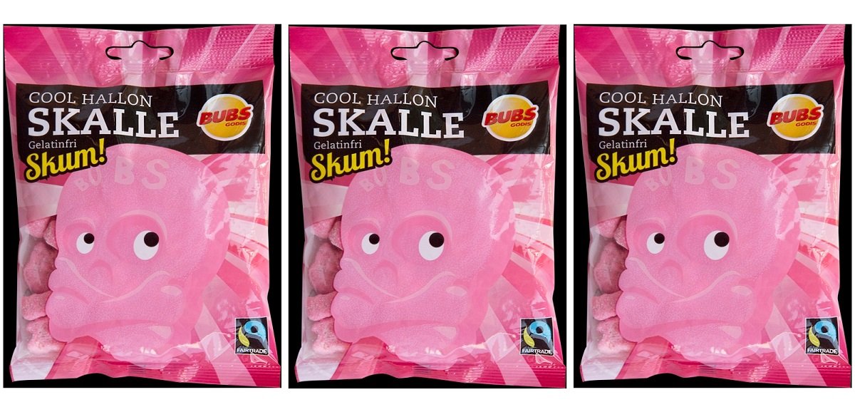 Bubs Godis Cool Hallonskalle Skum - Cool Raspberry Skull Foam - Original Swedish Sour Soft and Chewy Foam Candy Bag 90g, 3-Pack