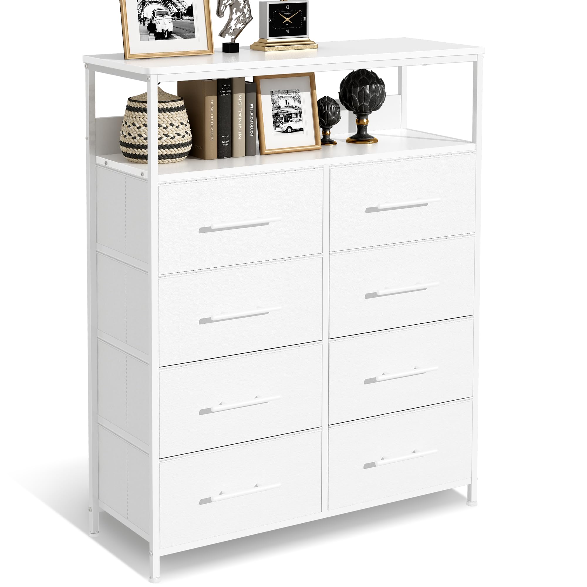 MYGIIVOVO Chest of Drawers, Dresser for Bedroom with 8 Fabric Drawers, Tall Storage Organizer Unit with 2 Layers Shelf, TV Stand with Sturdy Metal Frame (White)