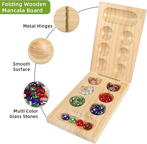 Miniatura 4 de Mancala - Juego de mesa plegable de madera con 48 piedras de cristal coloridas, juegos de viaje portátiles para niños y adultos, juego clásico de