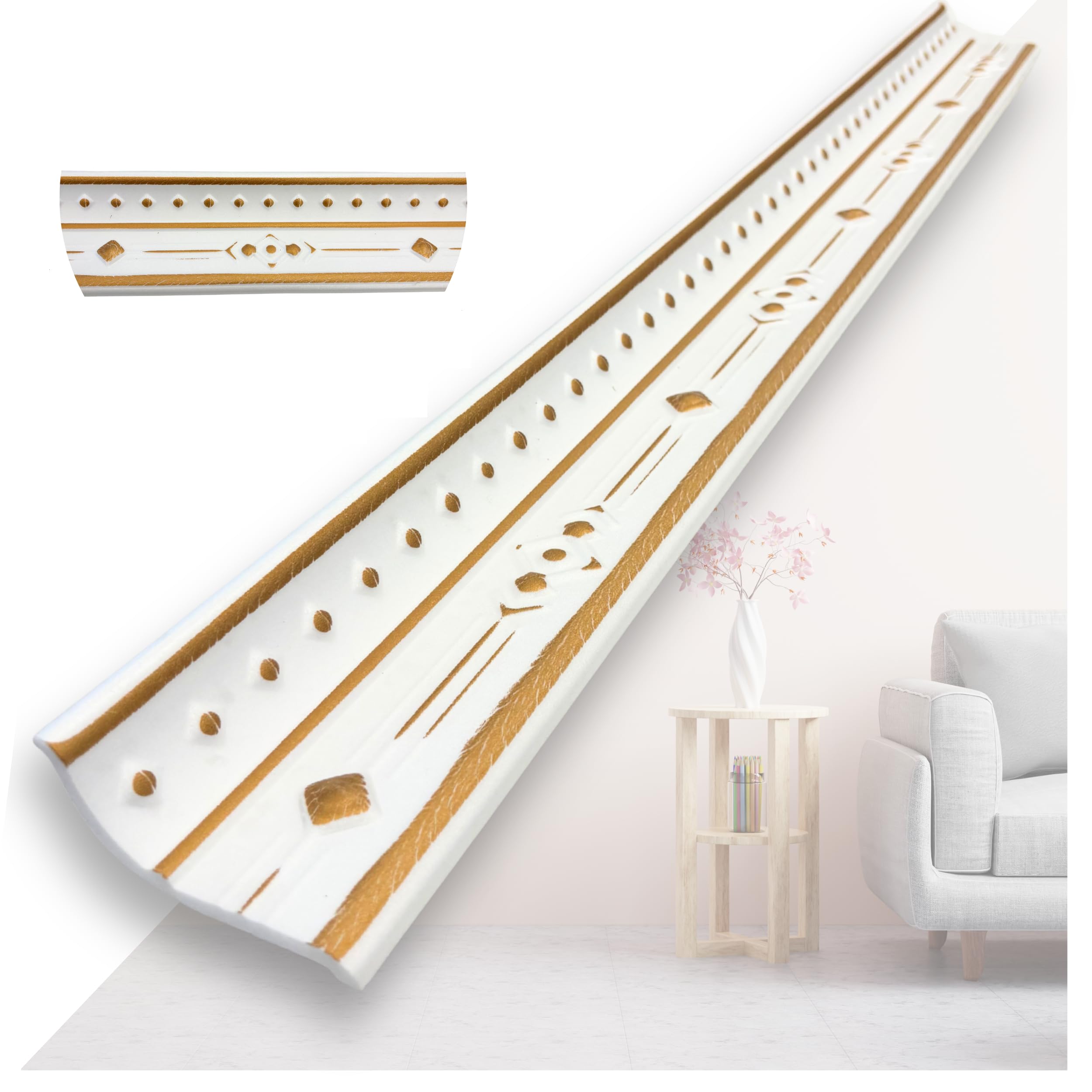 Molduras de estuco de poliestireno XPS – Molduras de techo blancas de 1 m – Listones para techo y decoración de pared – Molduras decorativas ligeras de poliestireno puro suave (V03-08 – Oro) 16