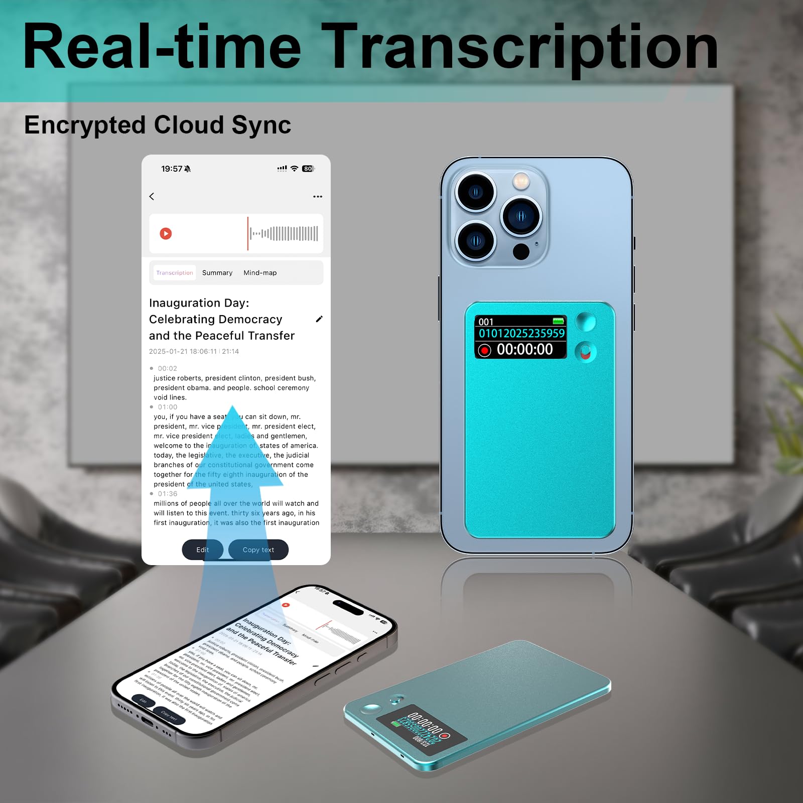 KI Digitales Diktiergerät - App-Steuerung, Transkription & Zusammenfassung mit AI-Technologie, 64GB Speicher, Audio-Recorder für Vorträge, Meetings, Anrufe,Blau