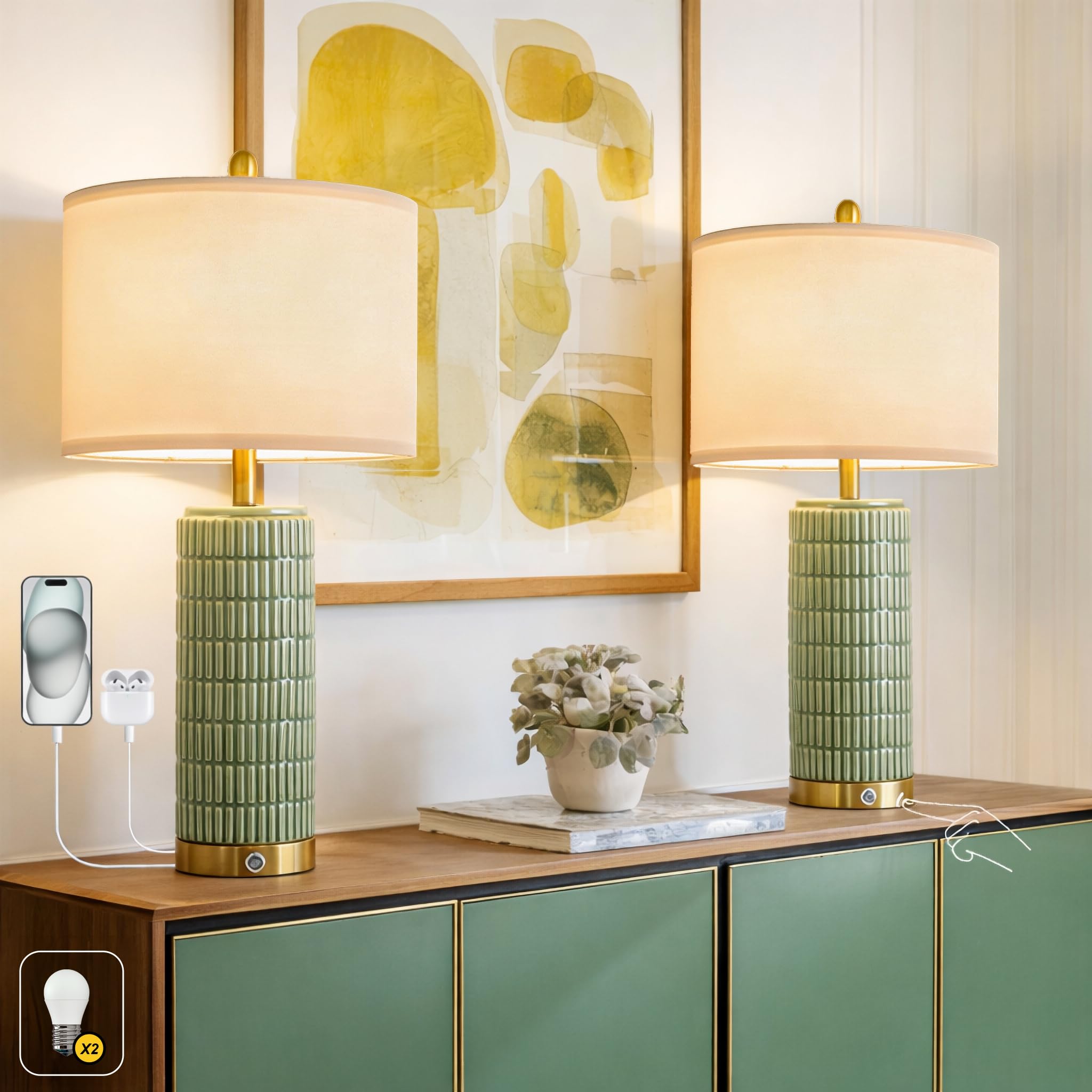 Photo 1 of PoKat 25'' Bedside Table Lamps Set of 2 for Living Room with USB A&C Ports, Touch Lamps with 3-Way Dimmable Control for Bedroom, Farmhouse Green Lamps for Nightstand Office Hallway (Bulbs Included)