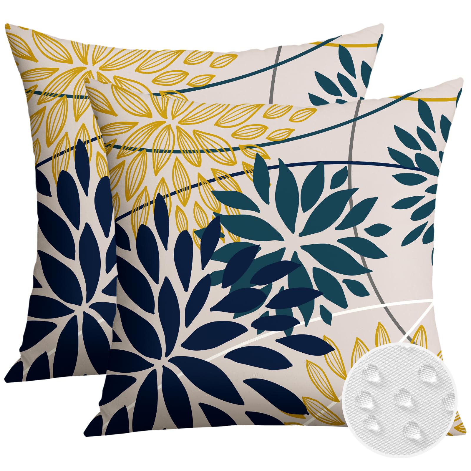 Artscope Outdoor Waterproof Dark Blue Yellow Cyan Cushion Covers Geometric 40x40cm Set of 2 Dahlia Floral Pillowcases Outdoor Flowers Pillow Covers for Patio Garden Bench Sofa Farmhouse Decor