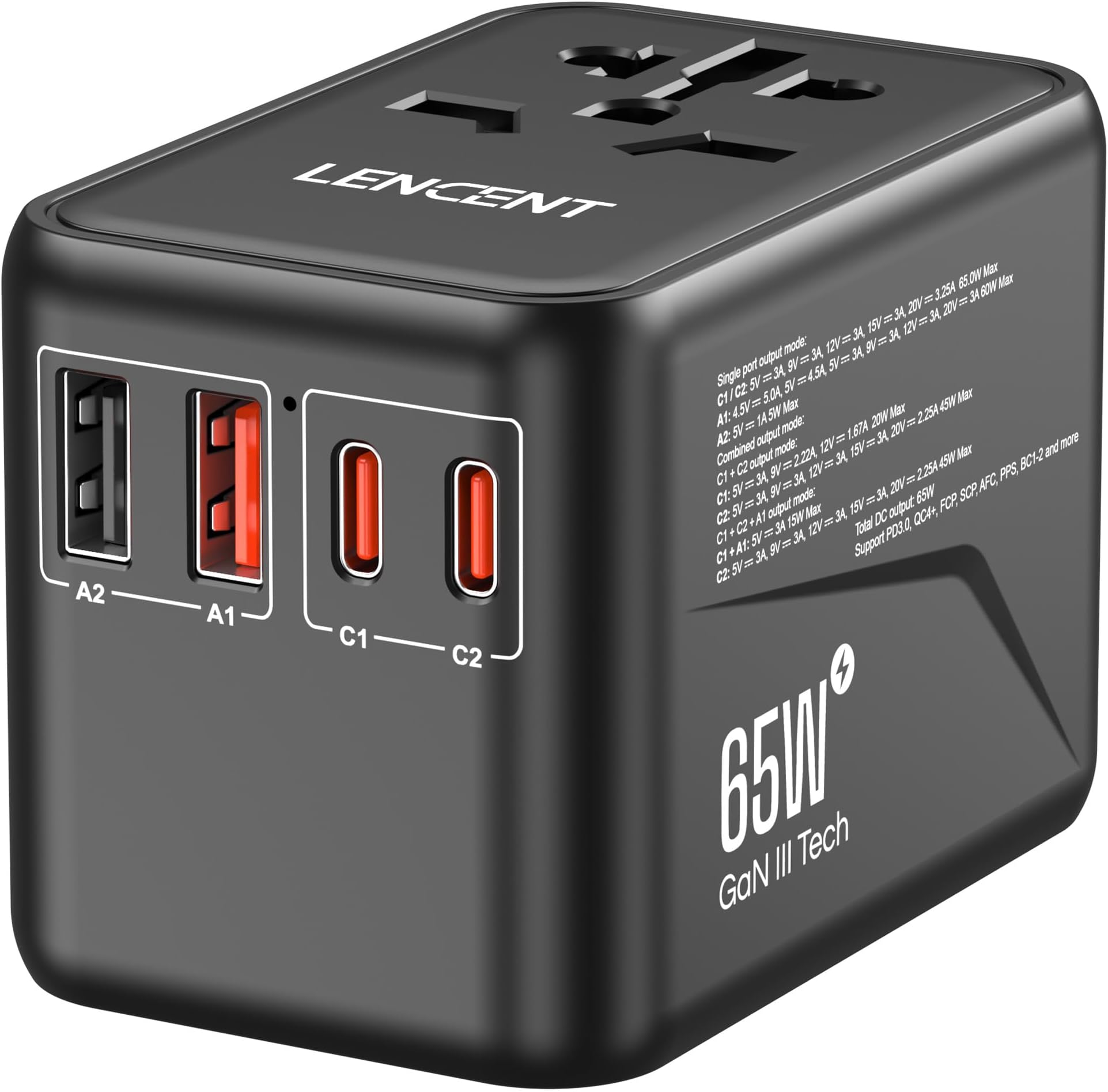 Universal Travel Adapter, GaN3 65W International Charger with 2 QC4.0 USB-A+ 2 PD3.0 Type-C PPS Fast Charging, Worldwide European Outlet Adaptor for iPhone,Tablets,Laptop, USA/UK/EU/AUS Black