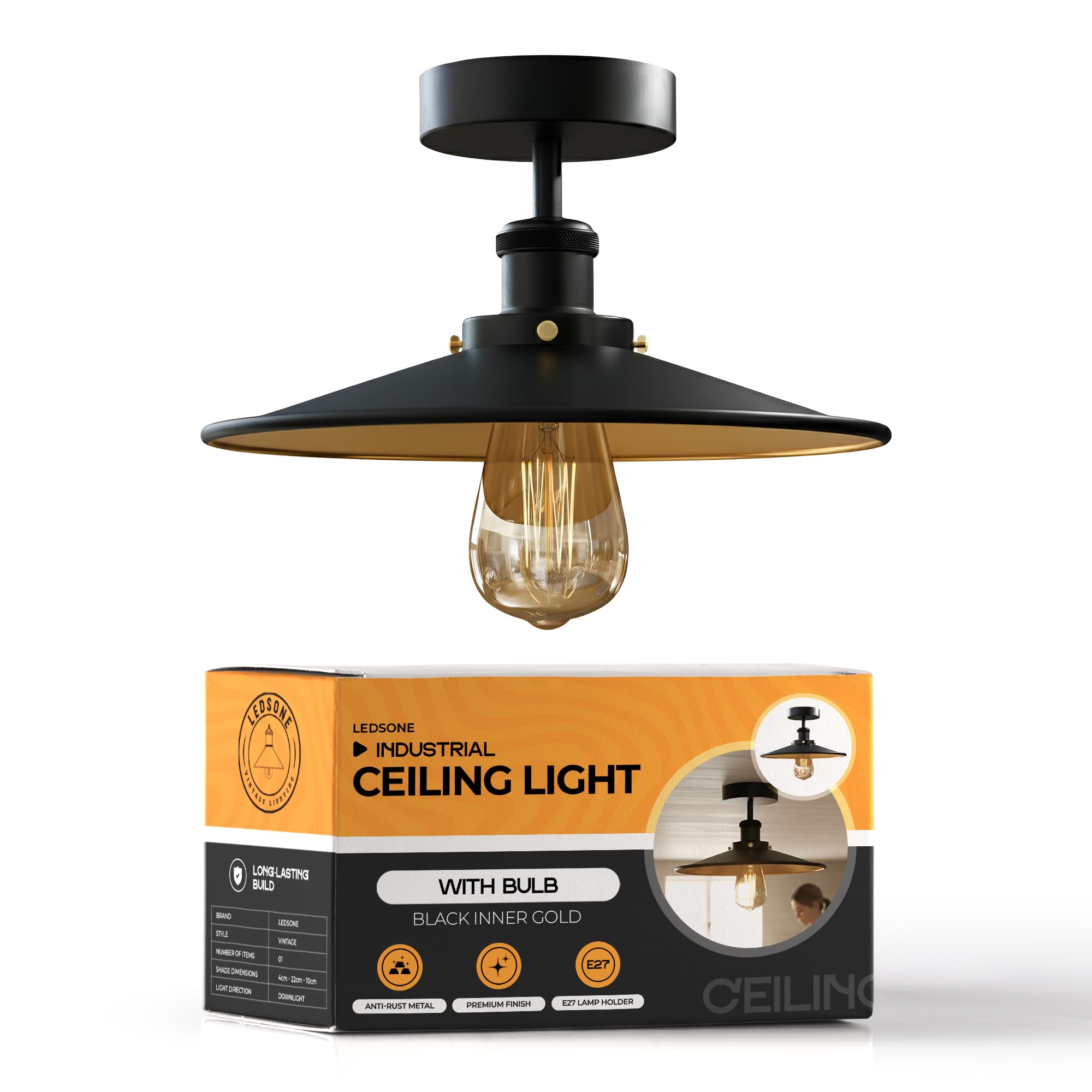 LEDSone E27 Base Flush Mount Ceiling Light Fixture 22cm Black Inner Gold Lampshade Easy Fit Metal LED Ceiling Lamp Chandelier Ceiling Lights for Kitchen Hallway Livingroom EPC A+