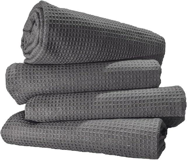 CKH home Tea Towels | 50 x 70 cm Pack of 4 Waffle Tea Towel | Gift Wrapped Kitchen Towel Set | 100% Cotton Home & Kitchen Towels | Stylish Design Dish Cloth & Towels | Tea Towel Set (Grey, Waffle)