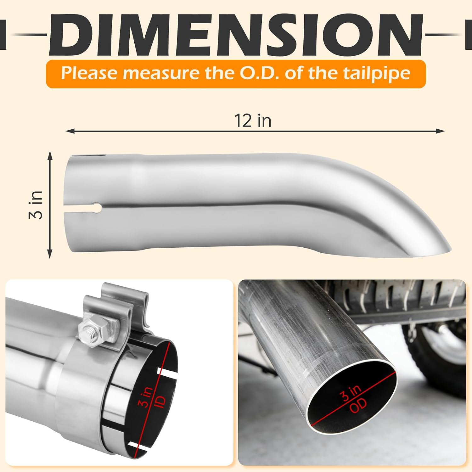 A-KARCK Turn Down Exhaust Tip 3" Inlet, Stainless Steel Universal Diesel Exhaust Tailpipe Tips with Clamp for 3" Inlet & Outlet, 12" Overall Length, Polished