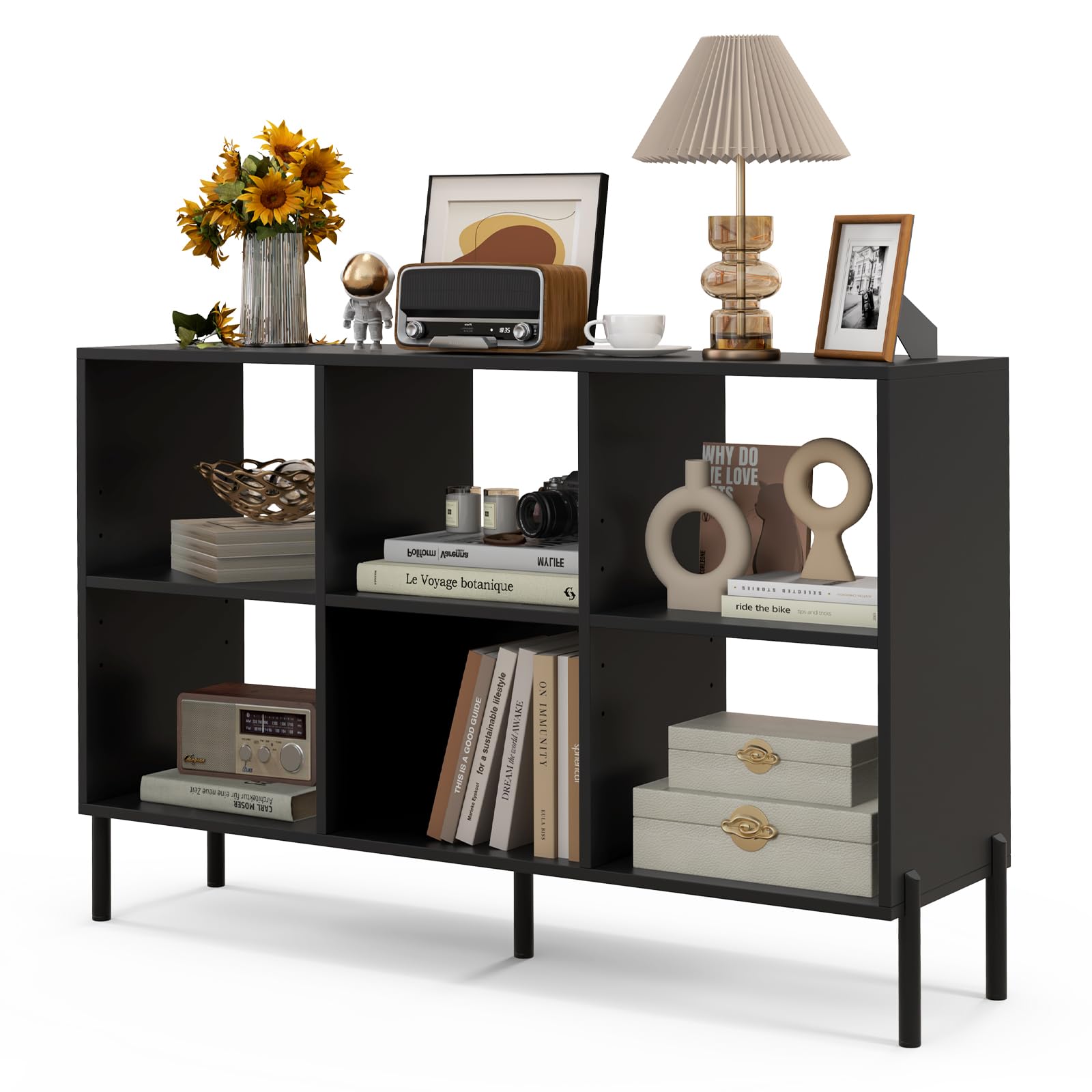 LOKO 6 Cube Bookcase, 3-Tier Floor Open Bookshelf with 5 Metal Legs, Cube Storage Organizer with Adjustable Shelves, Modern Display Shelving for