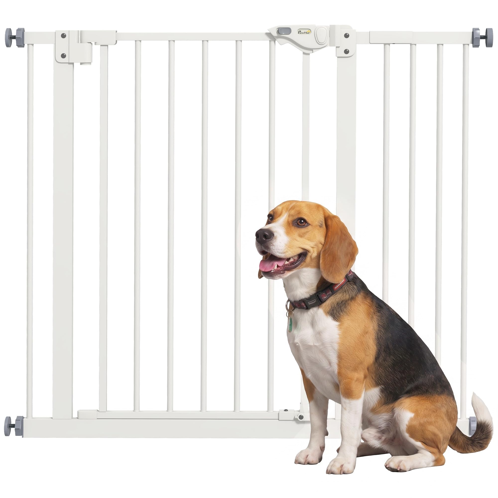 PawHut - Barrera de Seguridad para Animales (74-94 x 77 cm, con Puerta de Cierre automático, Sistema de Doble Bloqueo sin Taladro, con 1 extensión, Color Blanco | Cierre automático, doble bloqueo, sin taladrar, 1 extensiones, para escaleras, pasillos, pue