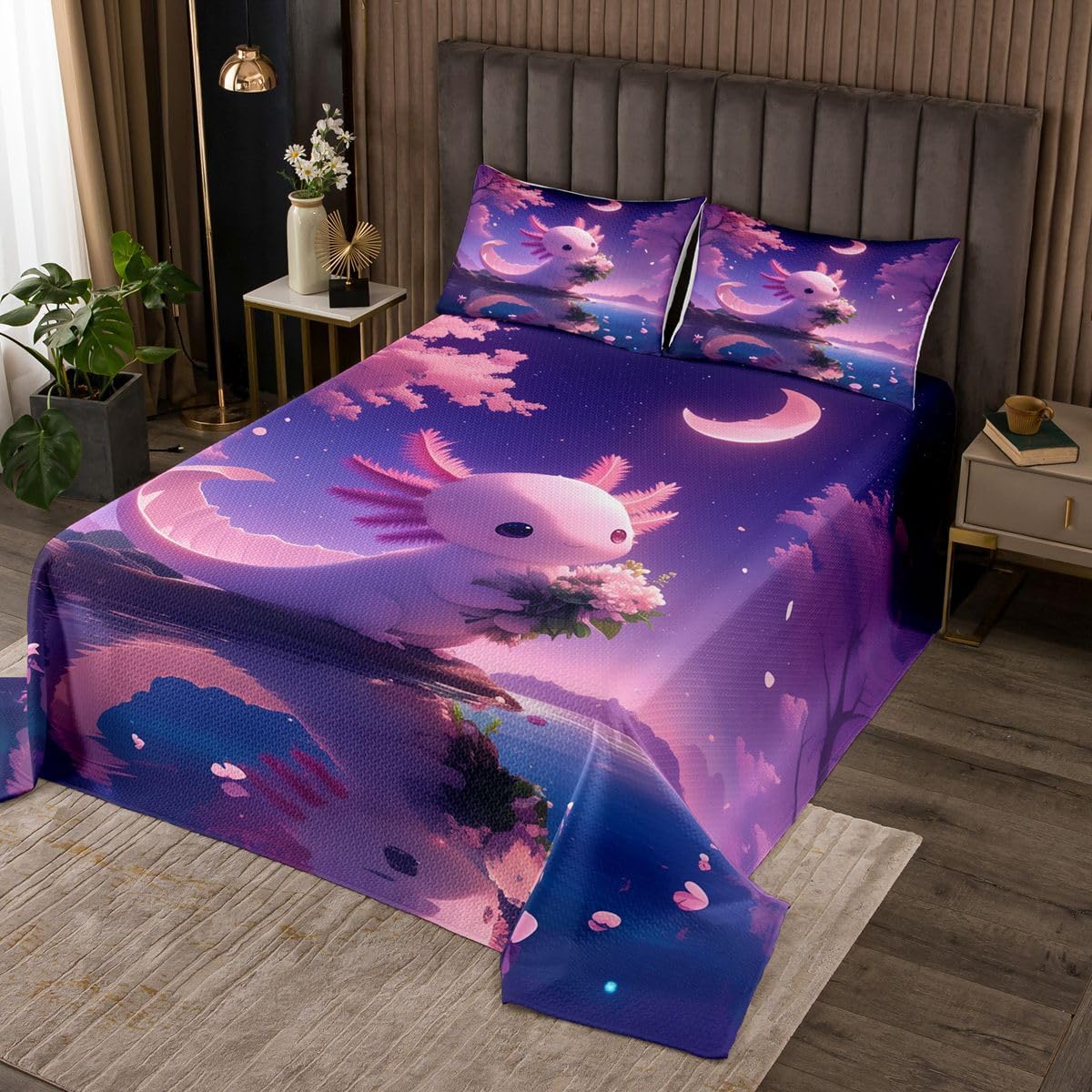 jejeloiu Cute Axolotl Bedspread 3 Pieces Queen Size Cartoon Salamander Coverlet Set Soft Cozy Kawaii Ocean Sealife Lightweight Quilted Coverlet for All Season with 2 Pillowcases Blue