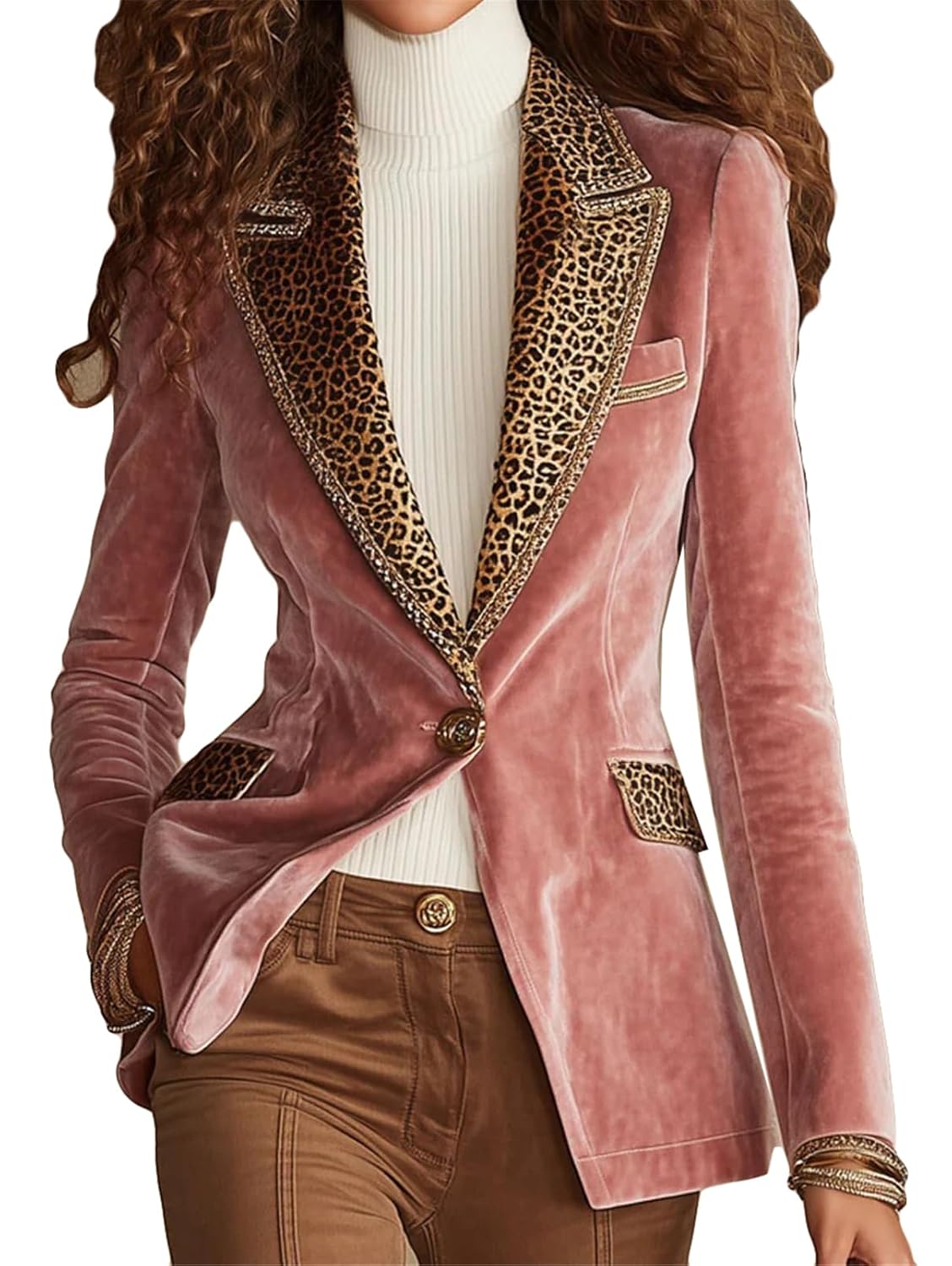 Womens Sexy Long Sleeve Lapel V Neck Button Leopard Printed Velvet Coats Blazer Jackets