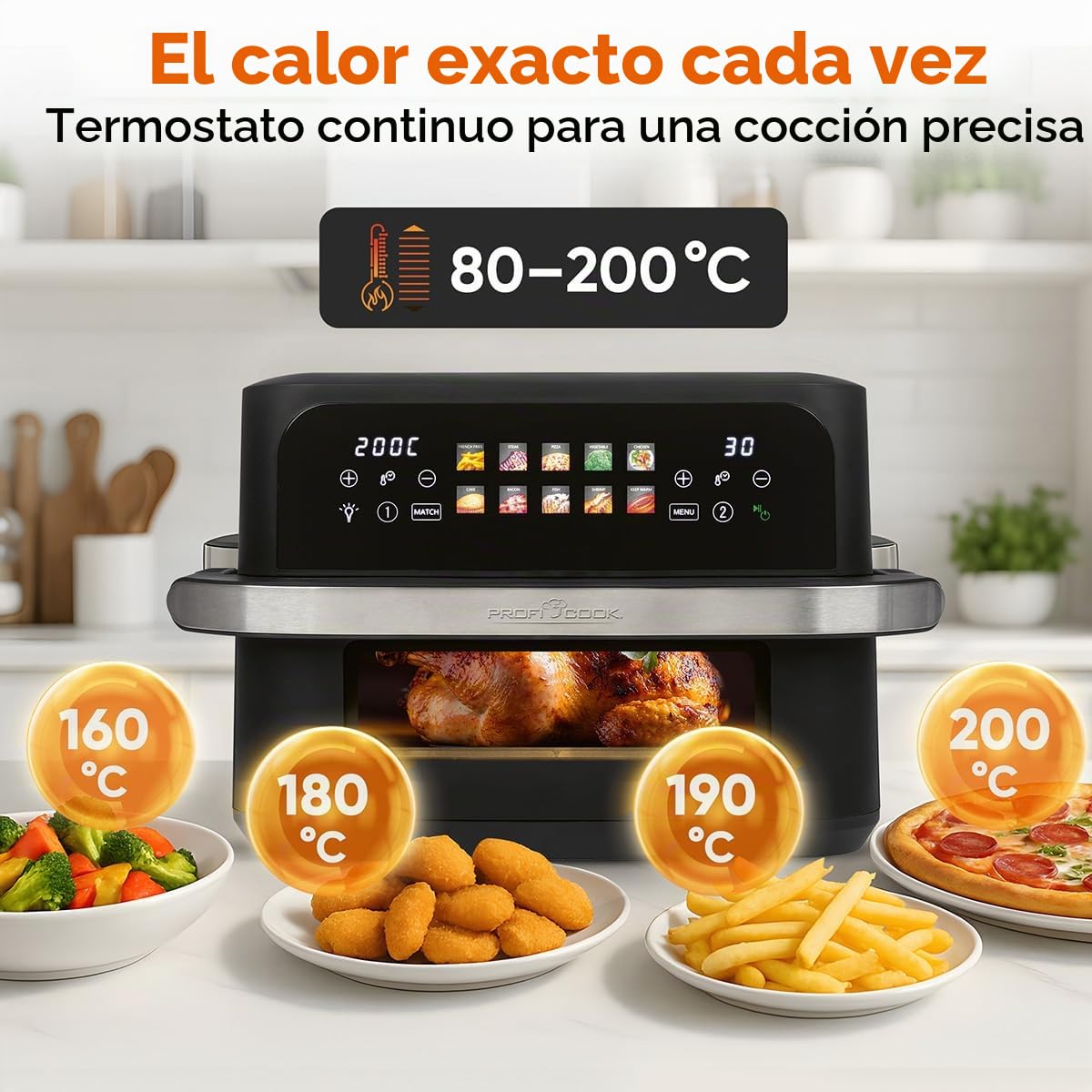 Freidora de aire caliente ProfiCook® XXL | 10 litros | Sin aceite ni grasa | Pantalla táctil | Freidora de aire caliente de 2400 W | 2 compartimentos | 10 programas | 80-200 °C | PC FR 1313 H