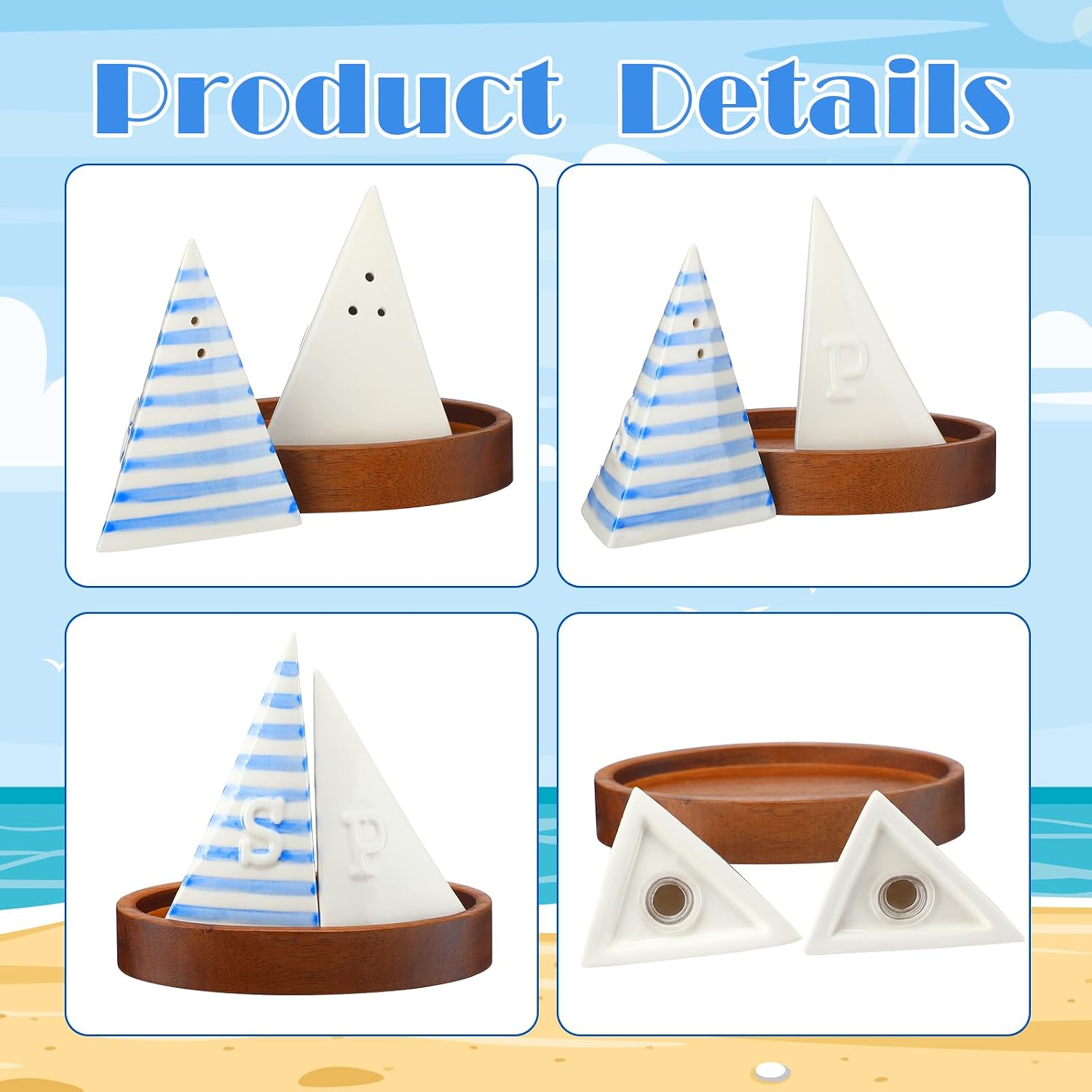 Qinyoung Ceramic Sailboat Salt and Pepper Shaker with Wooden Tray Blue White 5 Inch Kitchen Table Home Furnishings for Nautical Theme Party Summer Event