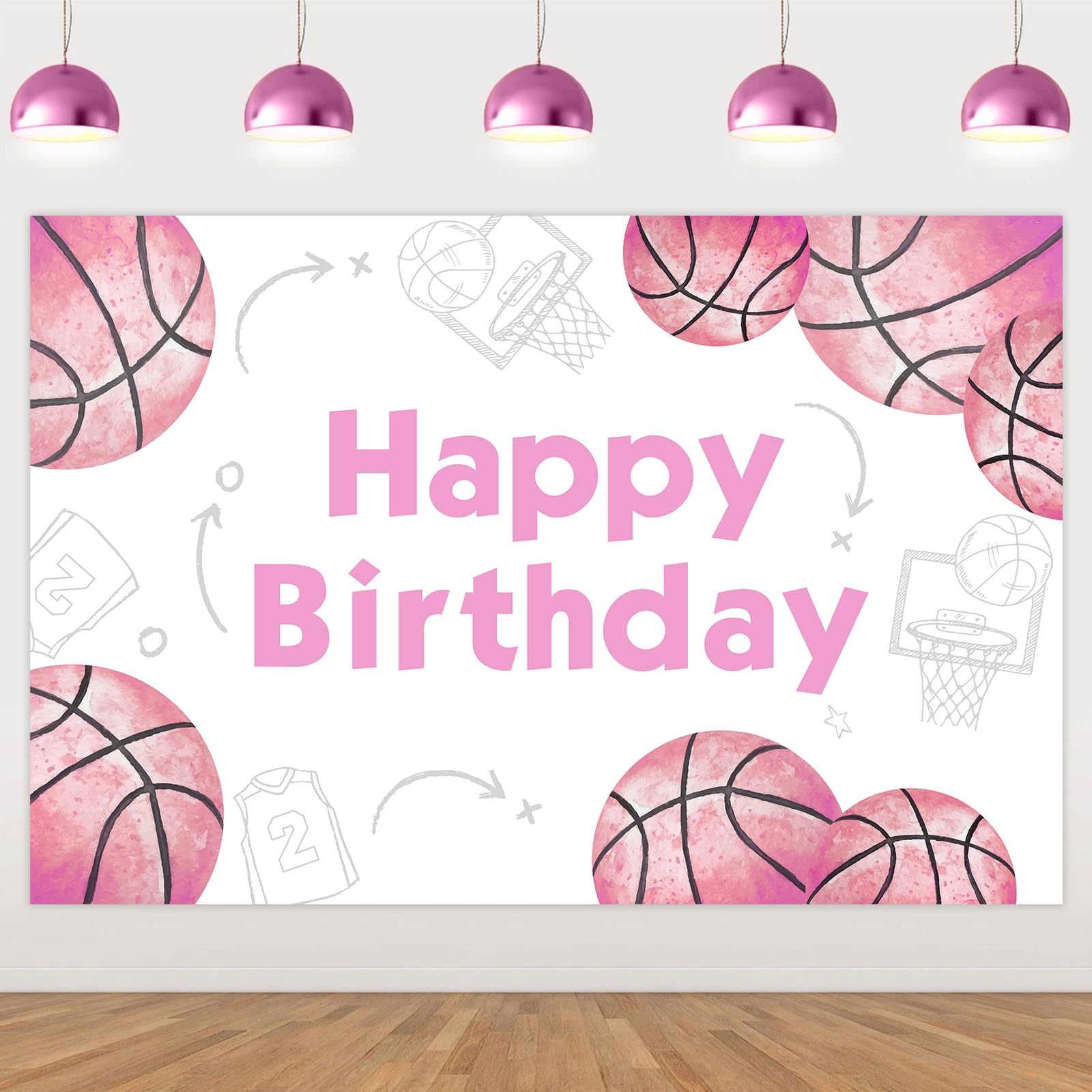 Wonmelody Basketball Birthday Decorations for Girls 5 * 3 ft Basketball Happy Birthday Backdrop Banner Pink Girls Basketball Party Decorations for