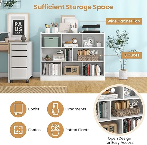 Miniatura 5 de Estantería de 3 niveles, estantería moderna con 8 cubos de almacenamiento, estantes de almacenamiento de madera, estantes pequeños para espacios