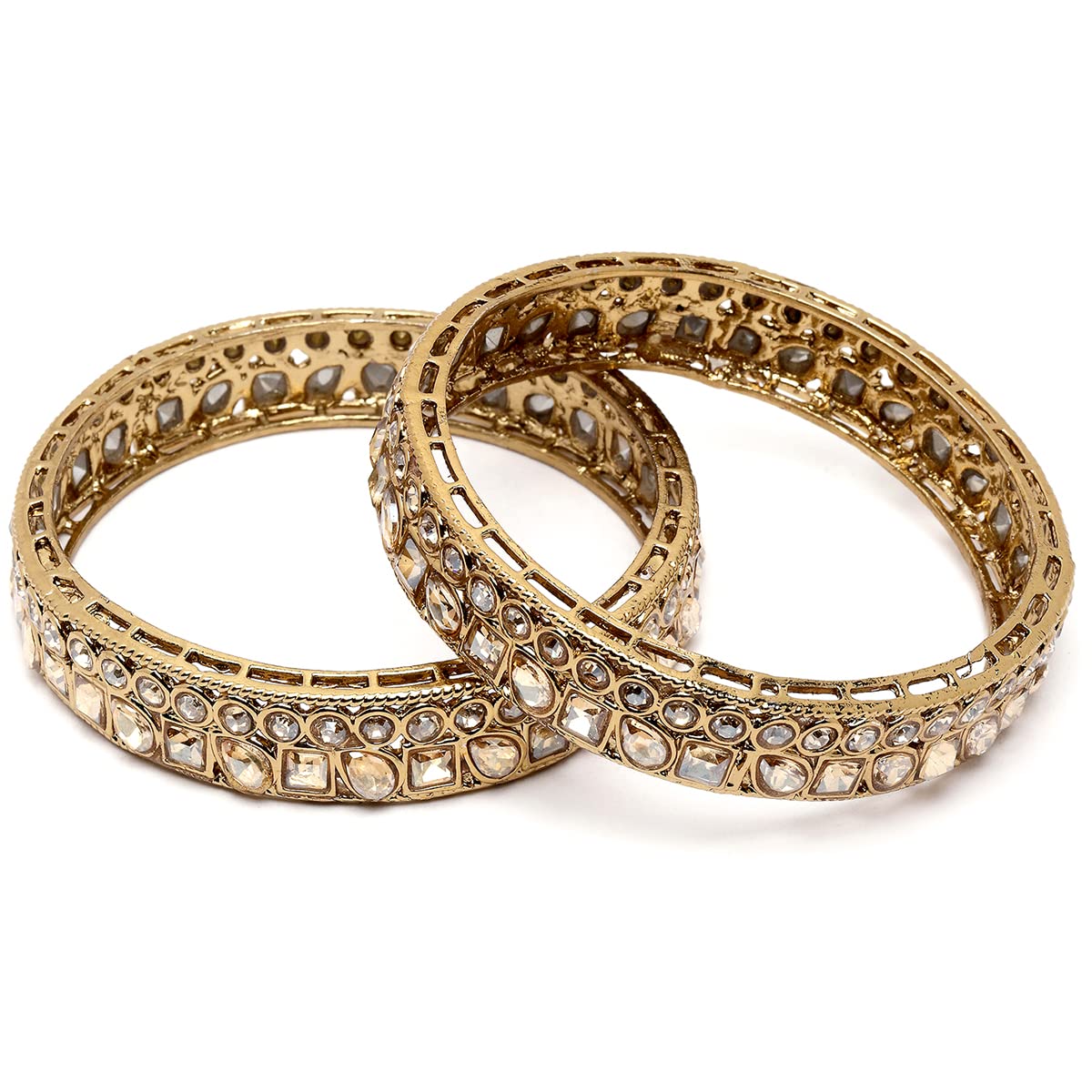 karatcart Set of 2 Golden Kundan Studded Antique Gold Plated Bangles for Women-picture-15