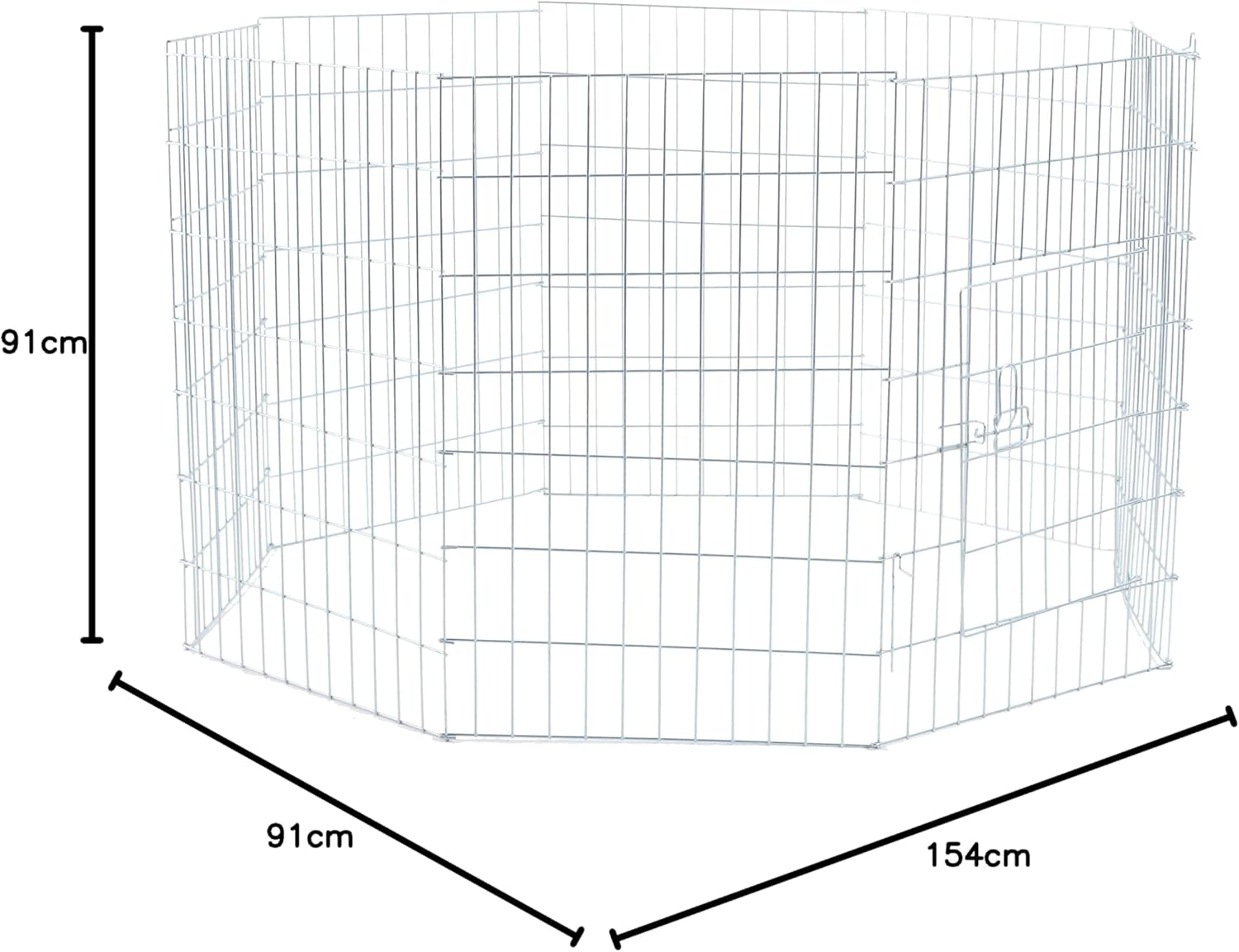 Diagram showing the dimensions of the TRIXIE Outdoor Puppy Playpen: 91cm height, 91cm width, and 154cm length.