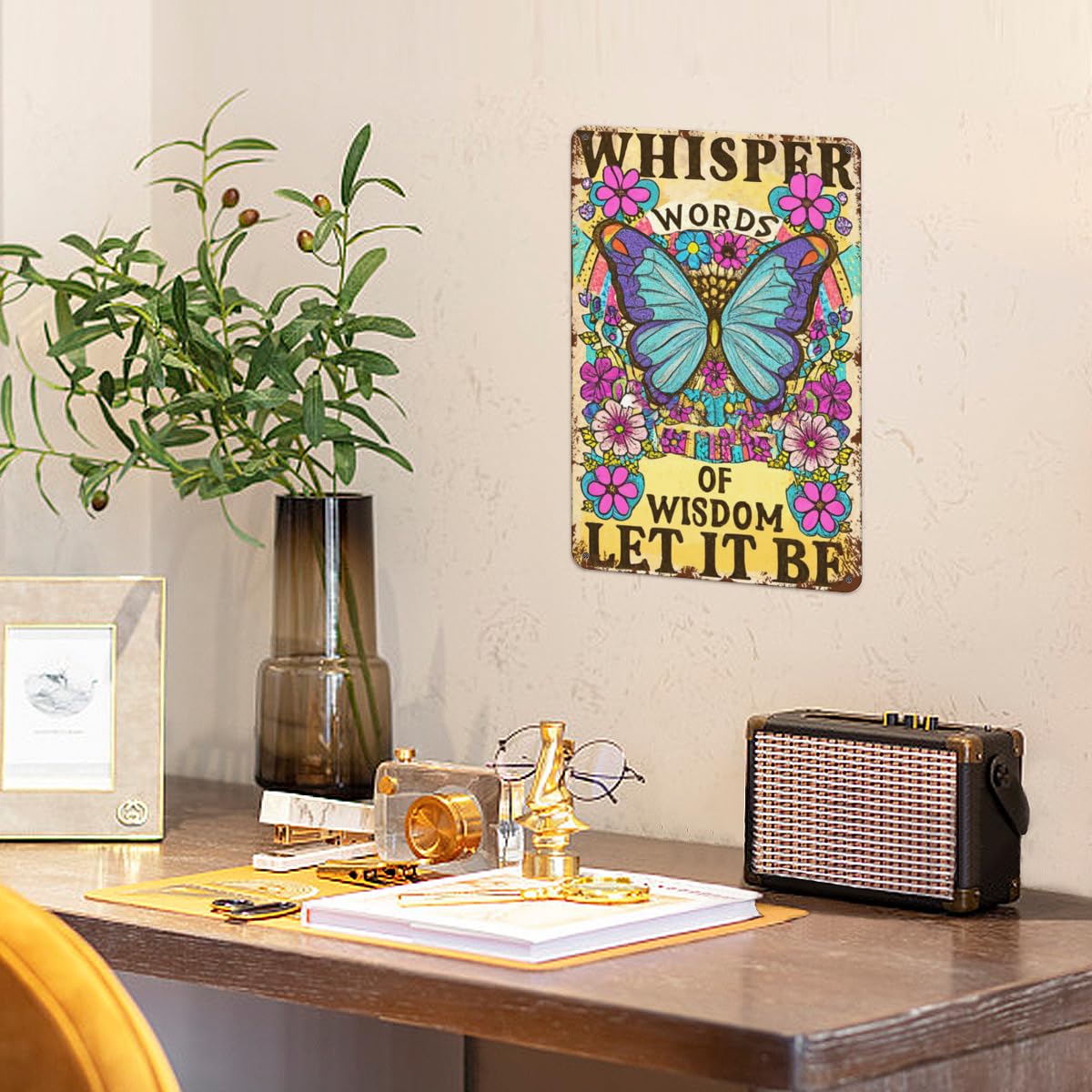 Targa Metallica Vintage 'Whisper Words Of Wisdom Let It It' | 20x30 Cm | Insegna Da Parete In Latta | Decorazione Hippie Per Cucina E Soggiorno