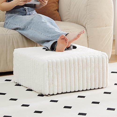 Miniatura 10 de Tiita Puf Otomán Redondo Relleno, Pufs de Piel Sintética a Rayas con Relleno de Trozos de Espuma, Puf Peludo y Esponjoso de 21 x 21 x 12 pulgadas,