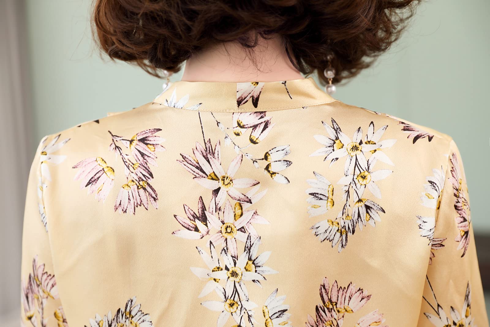 E-girl Blusa de seda para mujer con estampado de puente, blusa de manga larga con cuello en V, blusa de seda,S1922