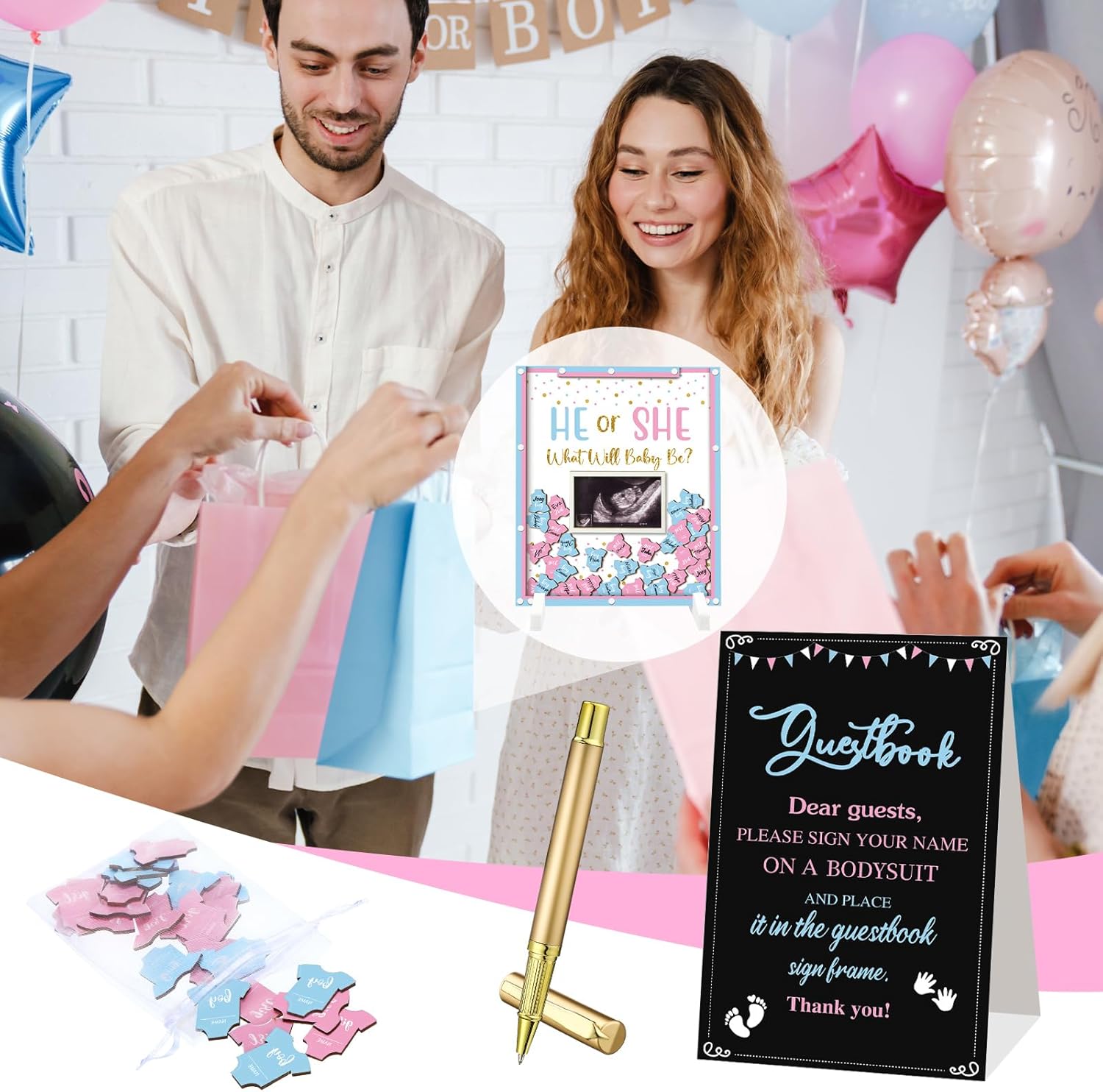 Beeveer 65 Pcs Gender Reveal Baby Shower Guest Book Alternatives He or She Gender Reveal Decorations Sign in Guest Book with Picture Frame and 60 Wooden Chip for Baby Shower He or She Party Keepsake