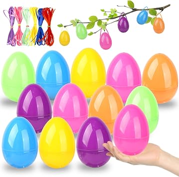 Easter Plastic Eggs Fillable Egg Decor-Hanging Eggs for Trees Large Colorful Plastic Eggshell Bulk with Hinge for Easter egg Hunt Filling Treats Easter Basket Stuffers Party Favor Multicolour