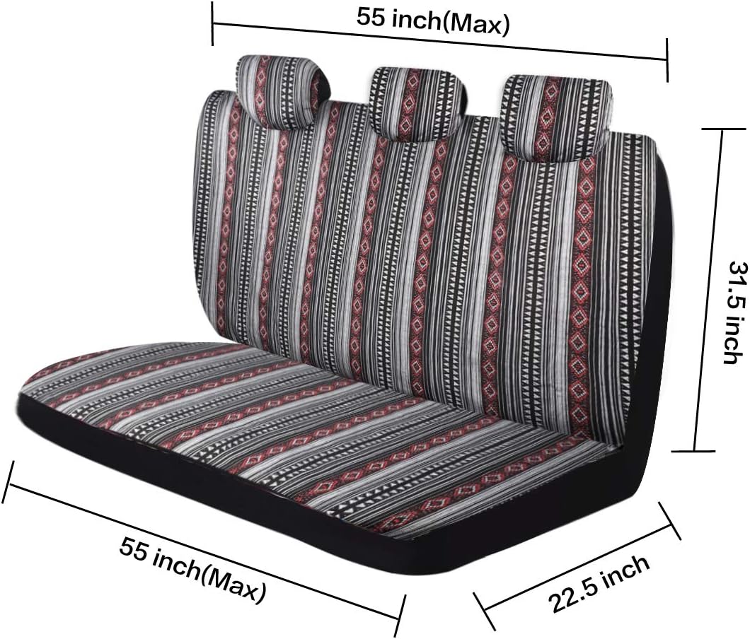 P&J Baja Blanket High Back Car Seat Covers Strips Boho Designs Integrated Bucket Universal Size Fit for Most Cars SUVs Trucks Vans Woven and Comfortable Fabric Full Set Pack 8pcs Black and Red Color