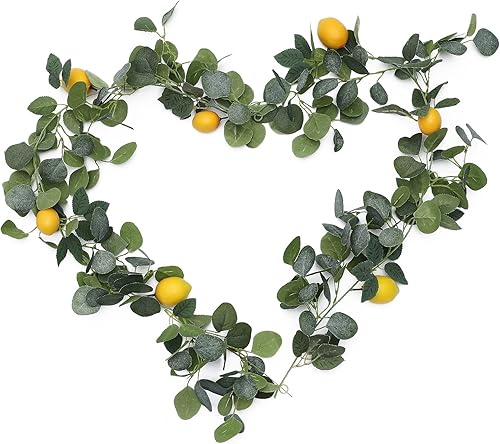 FQQWEE Guirnalda de eucalipto artificial de 76.8 pulgadas con limones, guirnalda de vid de fruta falsa para puerta delantera, pared, cocina, hogar,