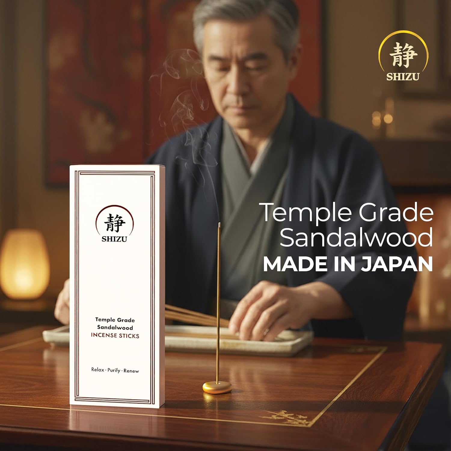 Shizu Sandalwood Incense Sticks – Artisanal Temple Grade Japanese Incense with Brass Holder – Calming Scent for Relaxation, Meditation & Home Spa, Elegant Gift Set (60 Sticks) - Image 2