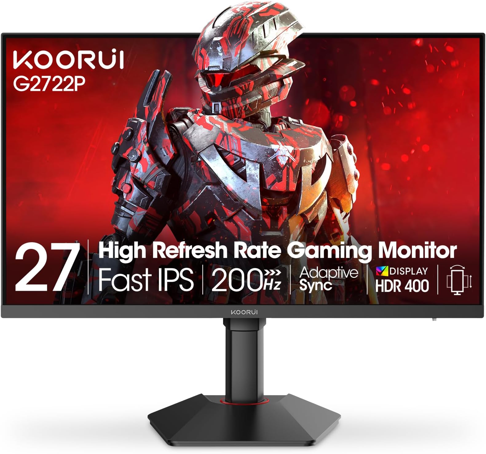 - KOORUI 27 Inch 2K Gaming Monitor, 200Hz QHD (2560 x 1440p) Fast IPS Screen, 1ms Response Time, HDR 400, 95% DCI-P3, Height/Pivot/Tilt Adjustable Stand, Adaptive Sync Technology, HDMI & DP, G2722P