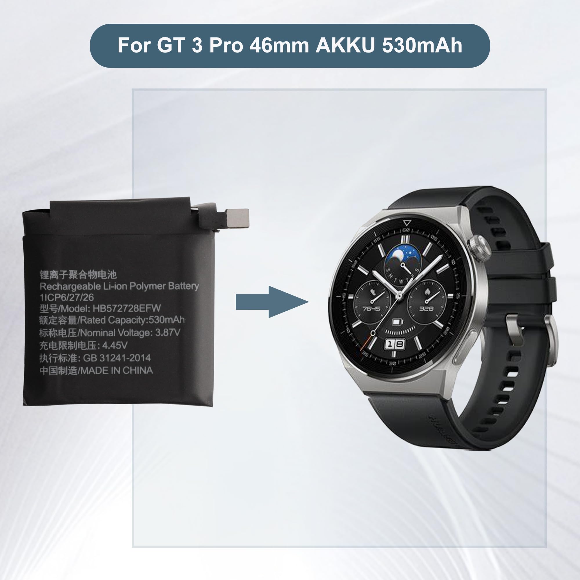 Zapasowy akumulator HB572728EFW kompatybilny z Huawei GT 3 Pro 46 mm, akumulator 530 mAh z narzędziami
