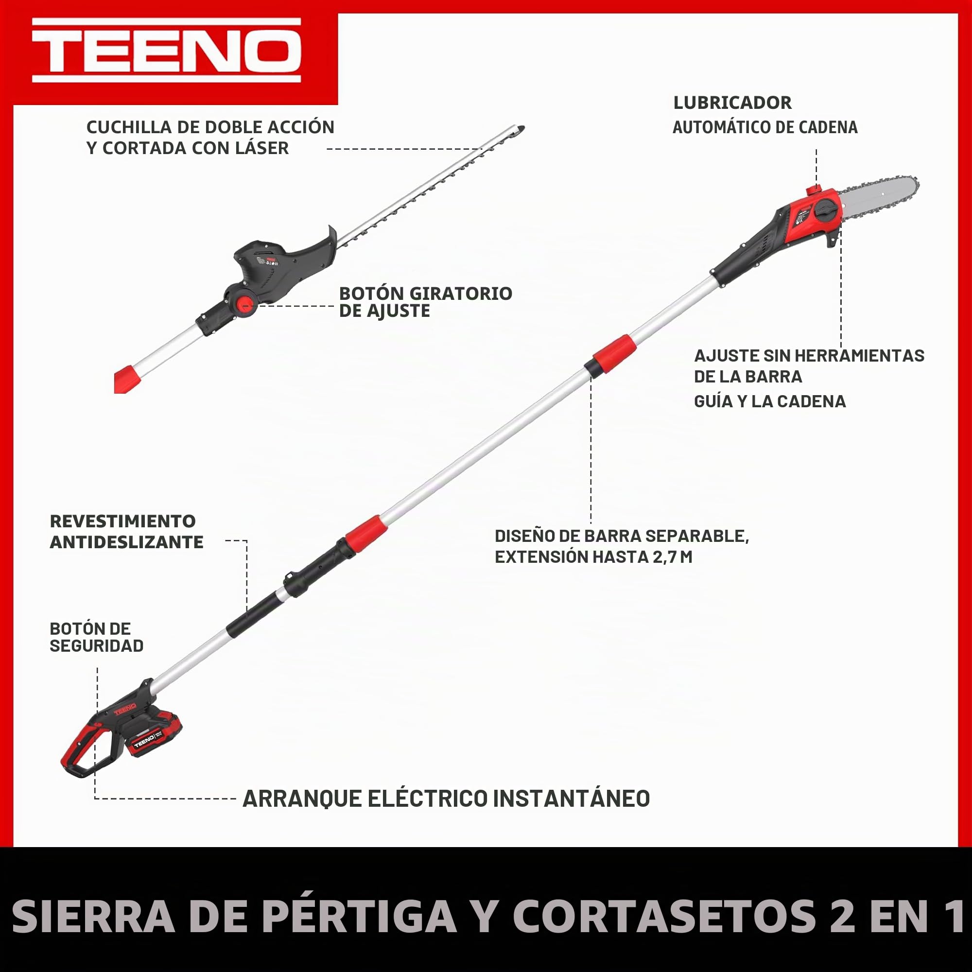 2 en 1 Motosierra Batería & Sierra y Cortasetos Pértiga a Batería ，con Correa Hombro, Barra Sierra 20 cm,Cortasetos 42 cm y Cuchillas Doble Acción, Incluye batería de 20V 4.0Ah