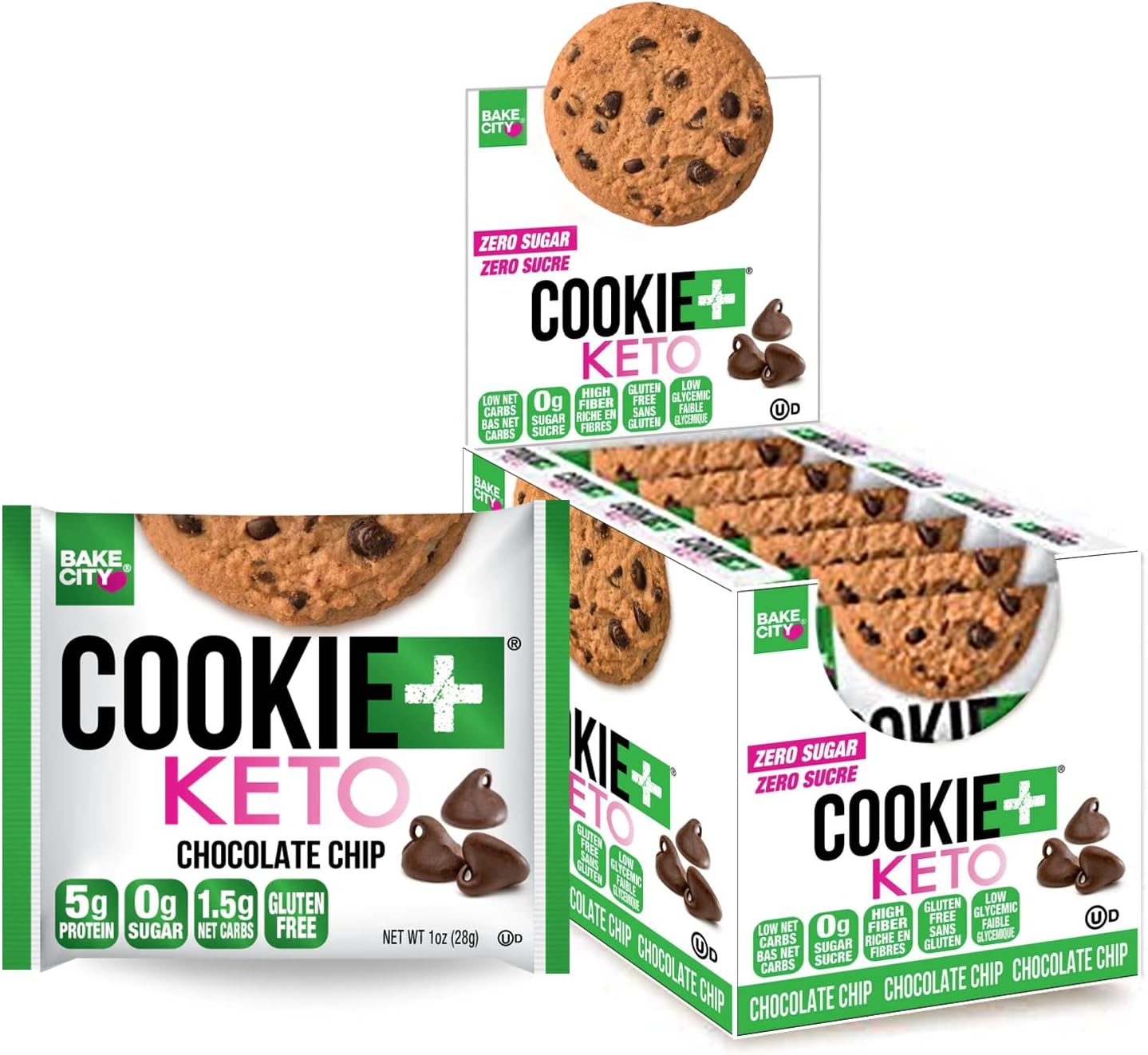 Bake City Cookie Plus Keto | 1oz Chocolate Chip Cookies (12 pack), Gluten Free, 0g Sugar, Only 1.5g Net Carbs, Good Fats, 5g Protein, Kosher, No Artificial Flavors
